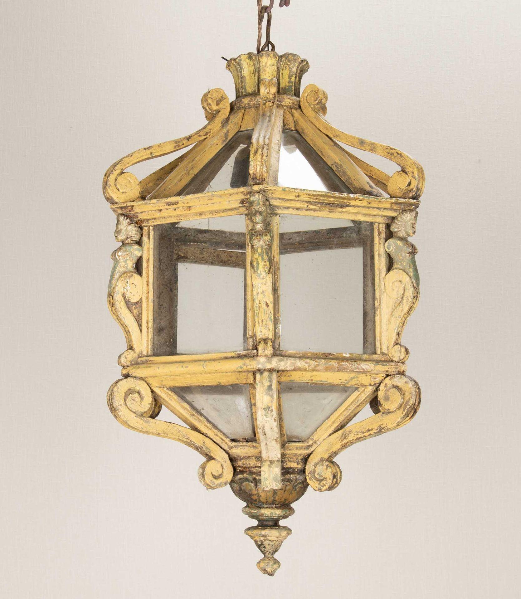 Beautiful and rare early 17th Century Florentine hexagonal lantern. In original paint with a repeated series of caryatids to the hand carved frame, retaining its original glass. Recently electrified and PAT tested.