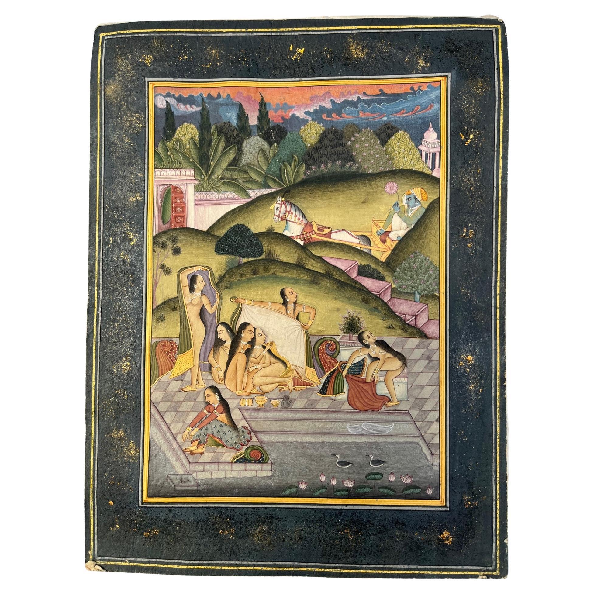 17th Century Folio of Indian Persian Mughal School Miniature Painting.

Exceptional and lavishly illustrated Indo Persian Mughal miniature. Bathing females try to cover themselves before the arrival of a prince in a carriage. This is a snapshot of