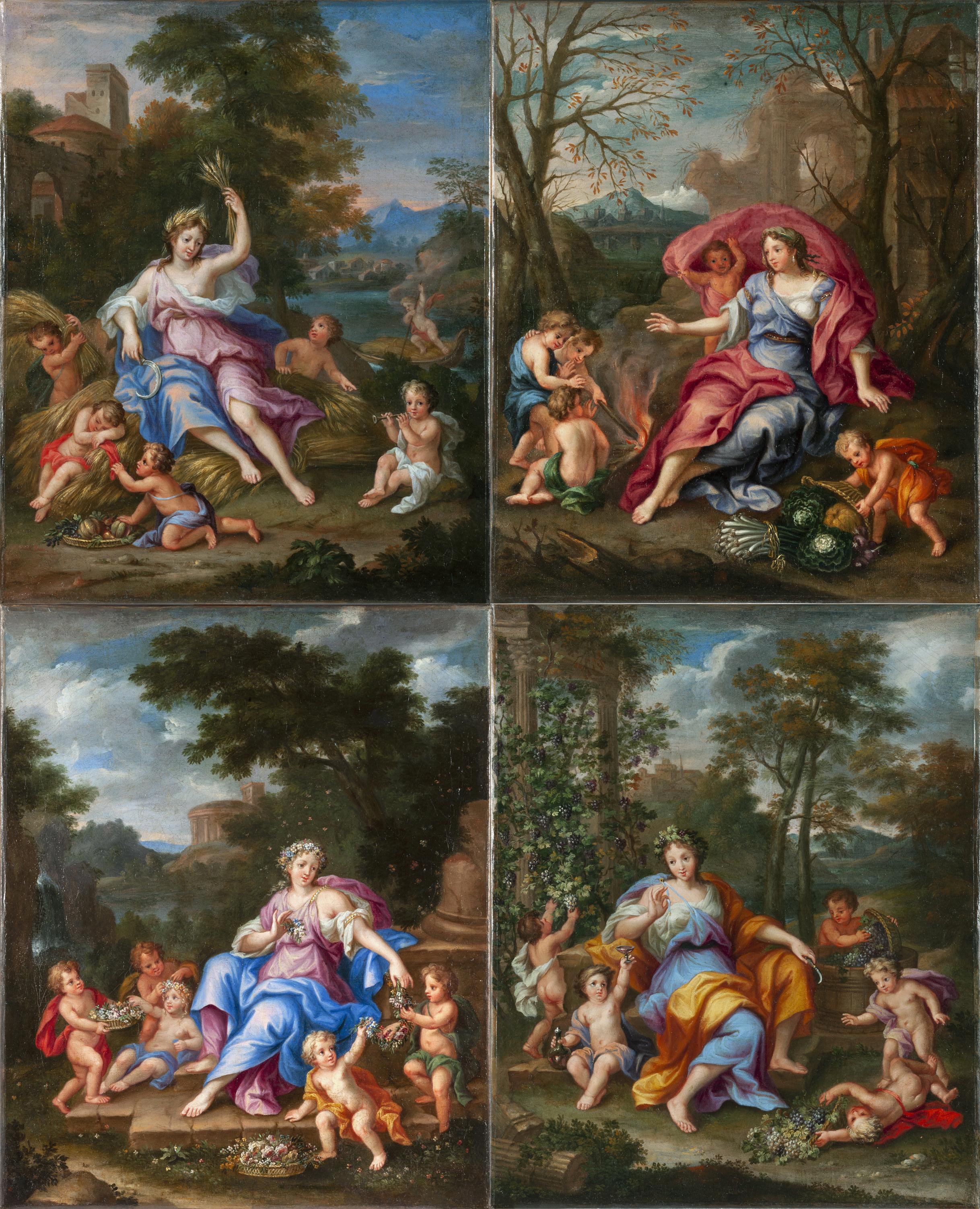 Four paintings depicting the seasons, circle of Noel Coypel, second half of the 17th century
Oil on canvas
Measures: cm W 37 x H 46 x D 2 cm (canvas)
The four paintings, presented in carved and gilded wooden frames in the eighteenth century style,