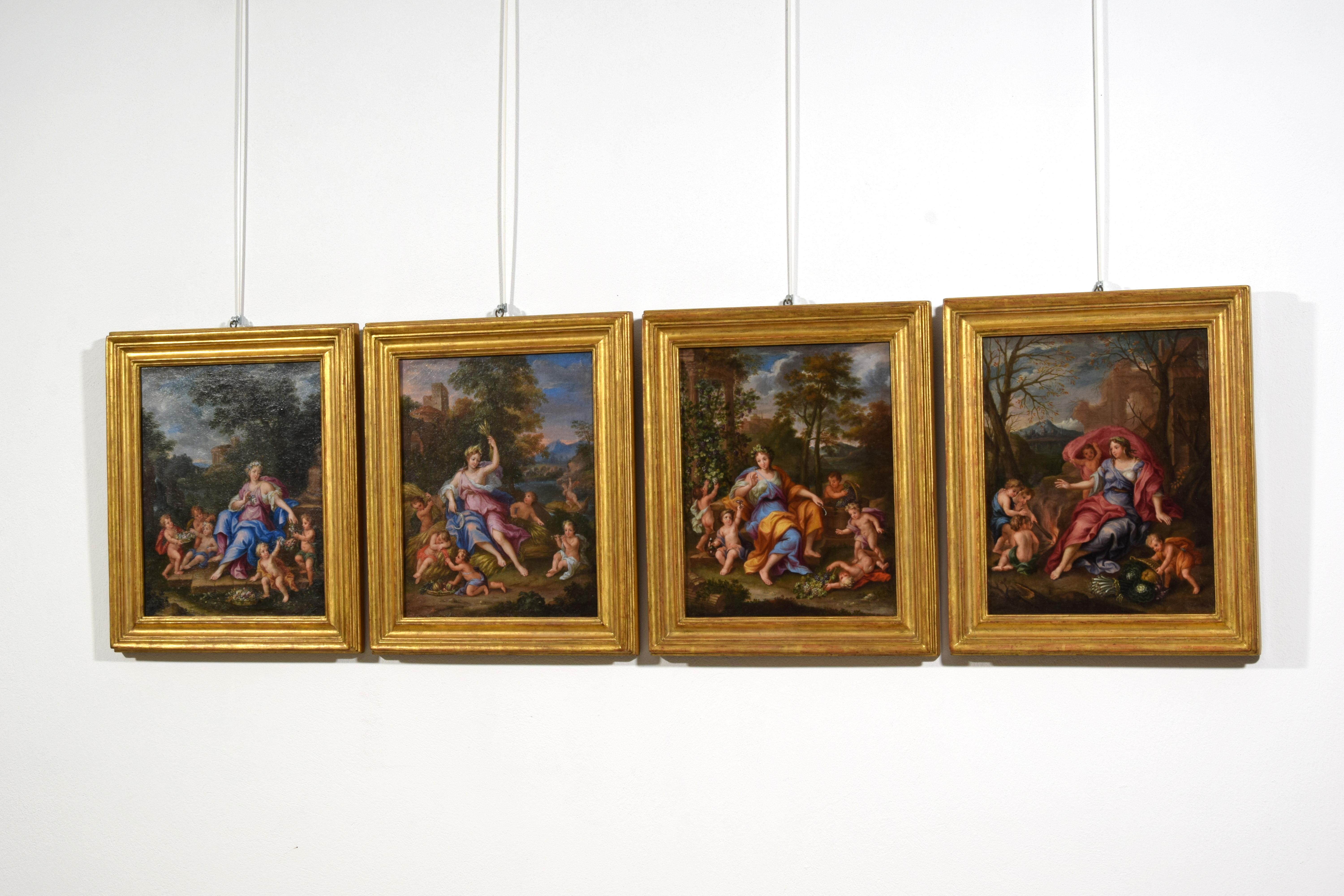 Hand-Painted 17th century, Four French Paintings Depicting The Seasons, Circle of Noel Coypel For Sale