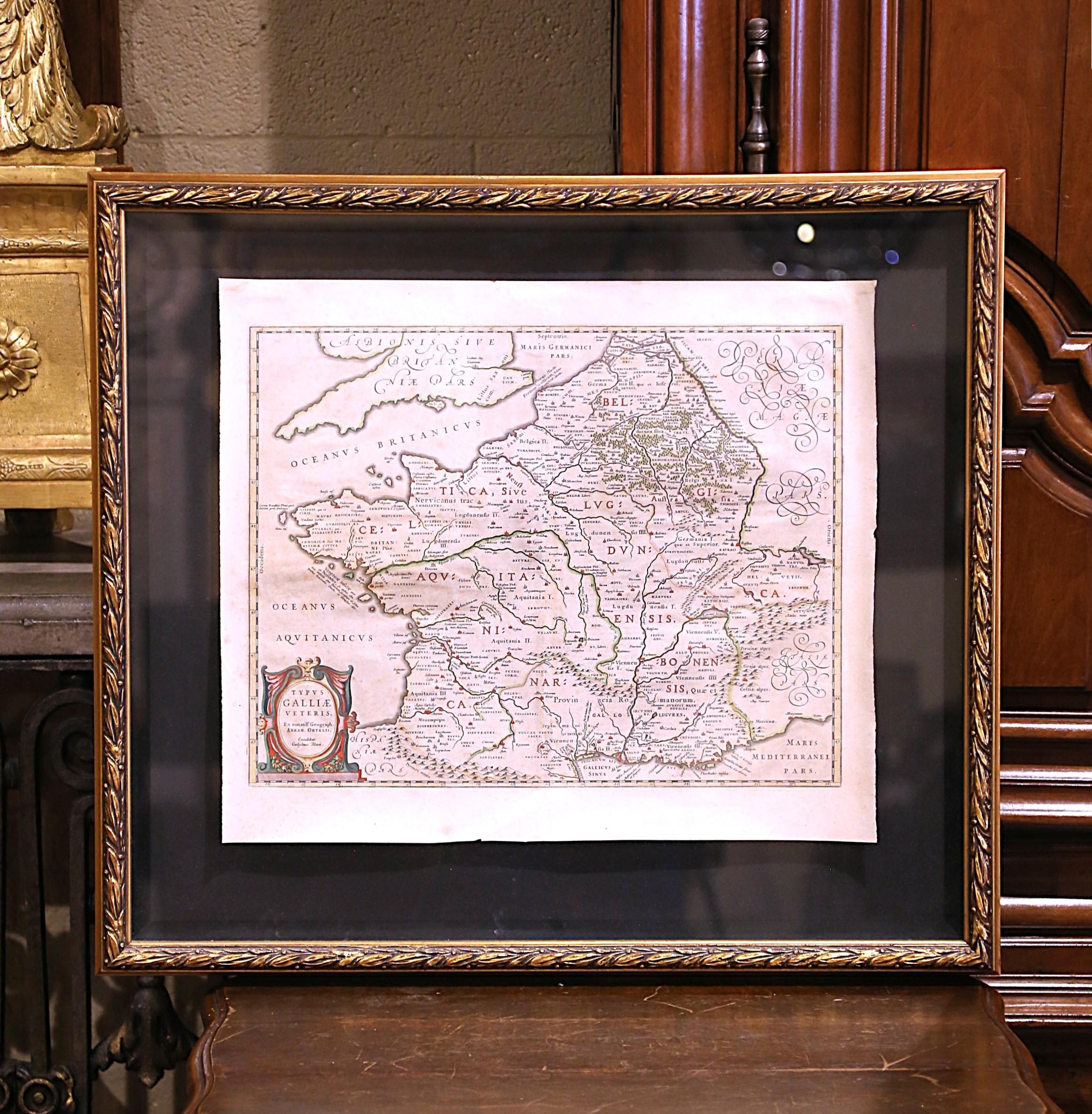 Hand-Painted 17th Century Framed Map of Ancient France Titled 