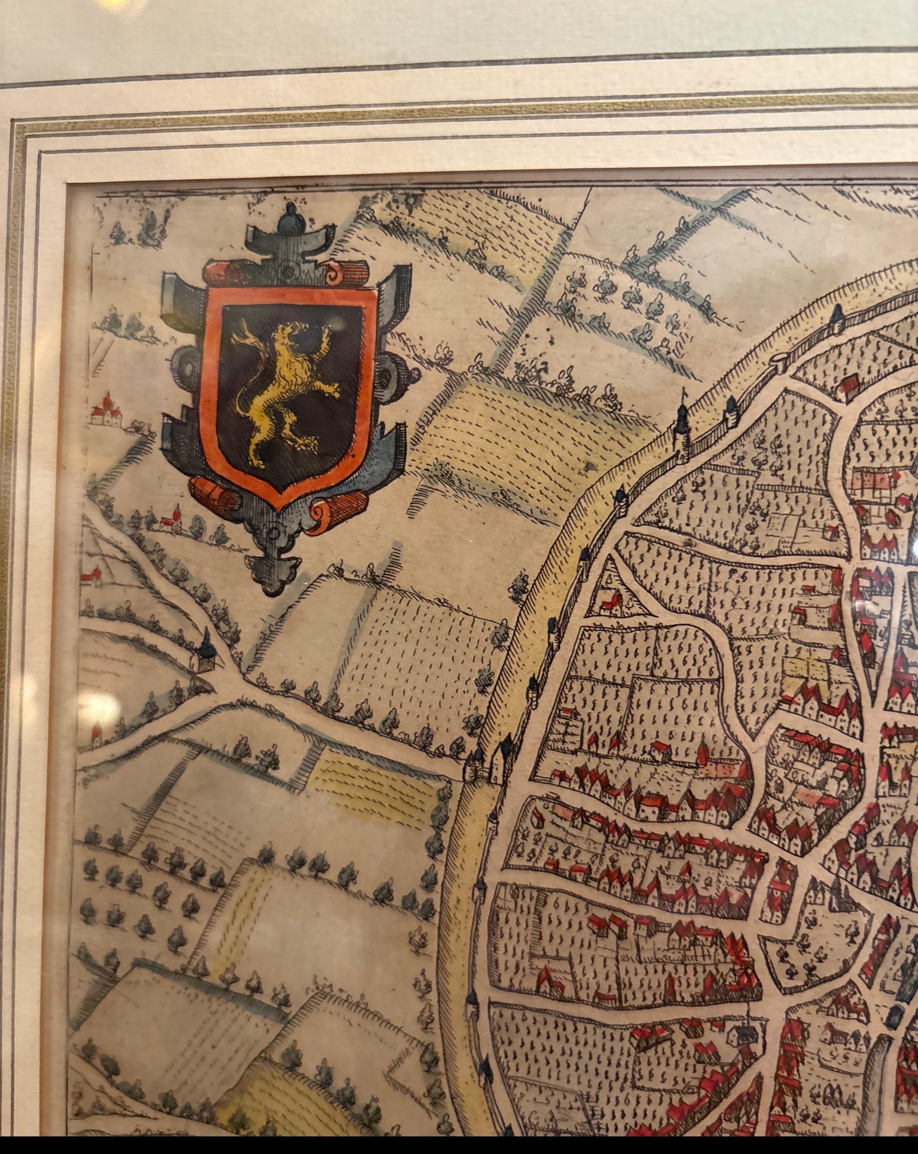Carte encadrée du 17e siècle de Bruges en Belgique, 1652 Bon état - En vente à Lambertville, NJ