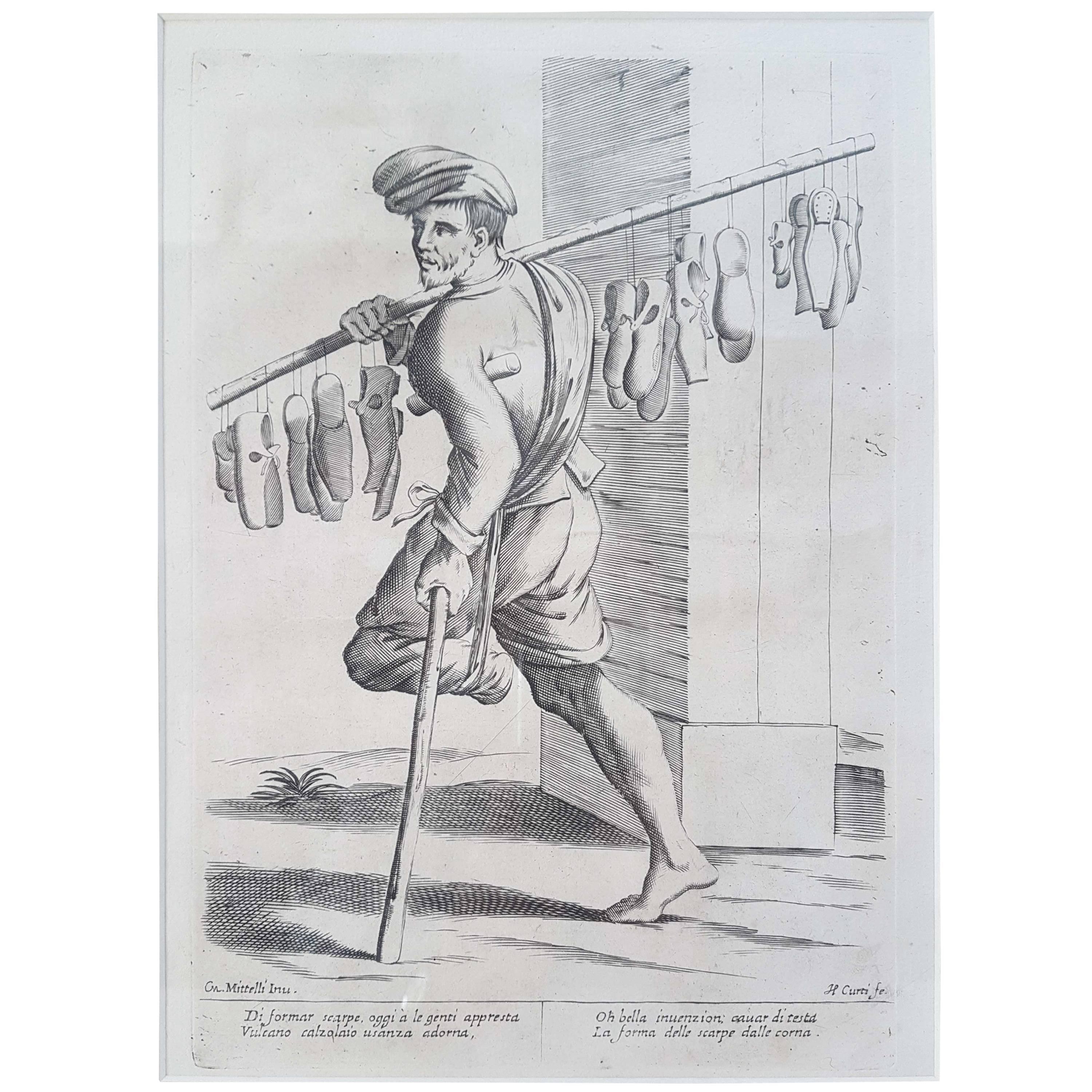 17th Century Francesco Curti "Vendor of Shoes" Etching