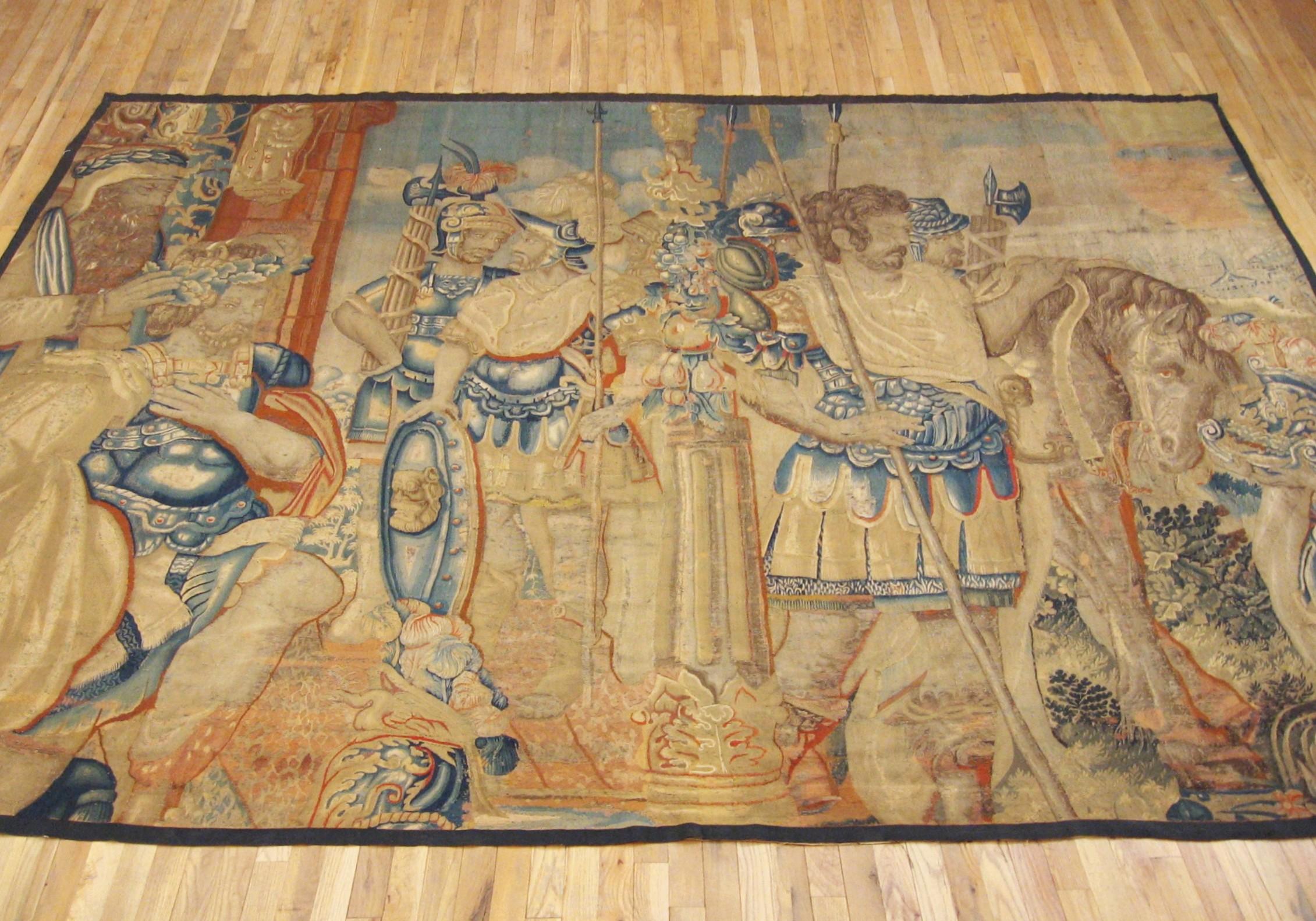 A French Aubusson mythological tapestry from the 17th century, depicting the Spartan king, Menelaus, seated at left, sending his brother Agamemnon and the Greek troops to Troy to recover his wife, Helen, who had been abducted by Paris, thus starting