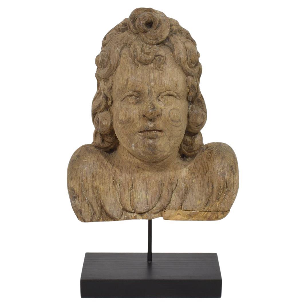 17th Century French Baroque Carved oak Angel Head on Wings Circa 1650-1700
