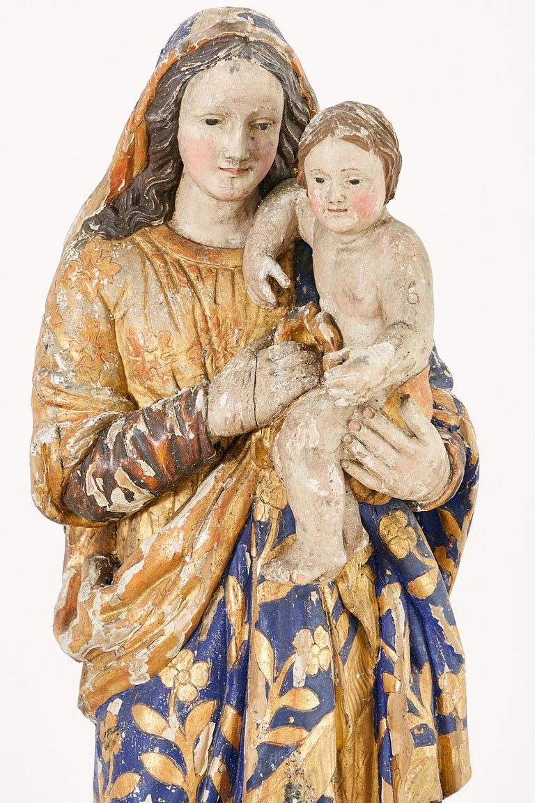 Hand-Crafted 17th Century French Baroque Polychrome Madonna and Child