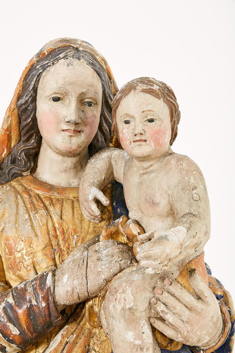 17th Century French Baroque Polychrome Madonna and Child In Distressed Condition In Rio Vista, CA