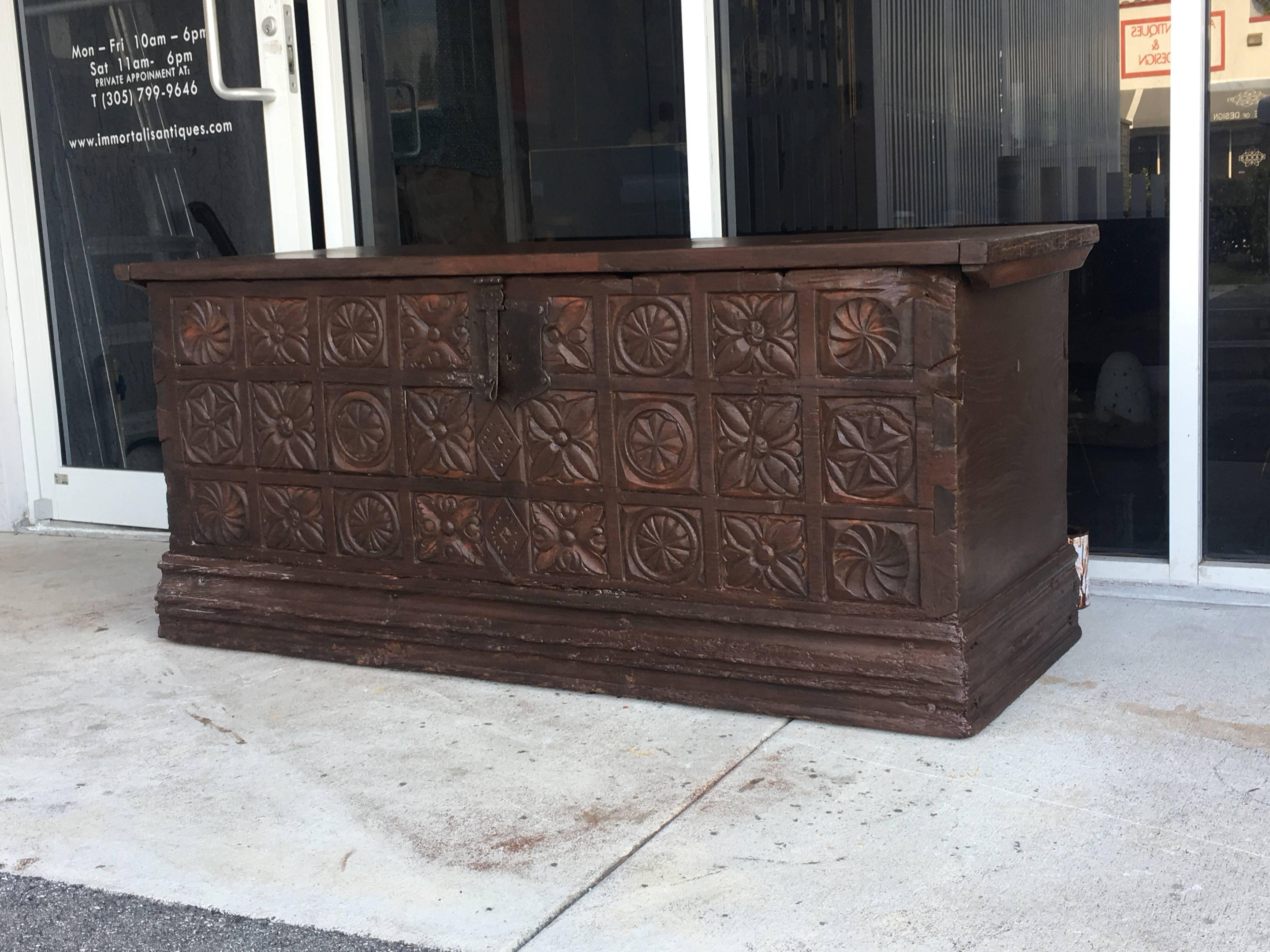 Renaissance 17th Century Spanish Baroque Savoy Hand-Carved Chest Trunk