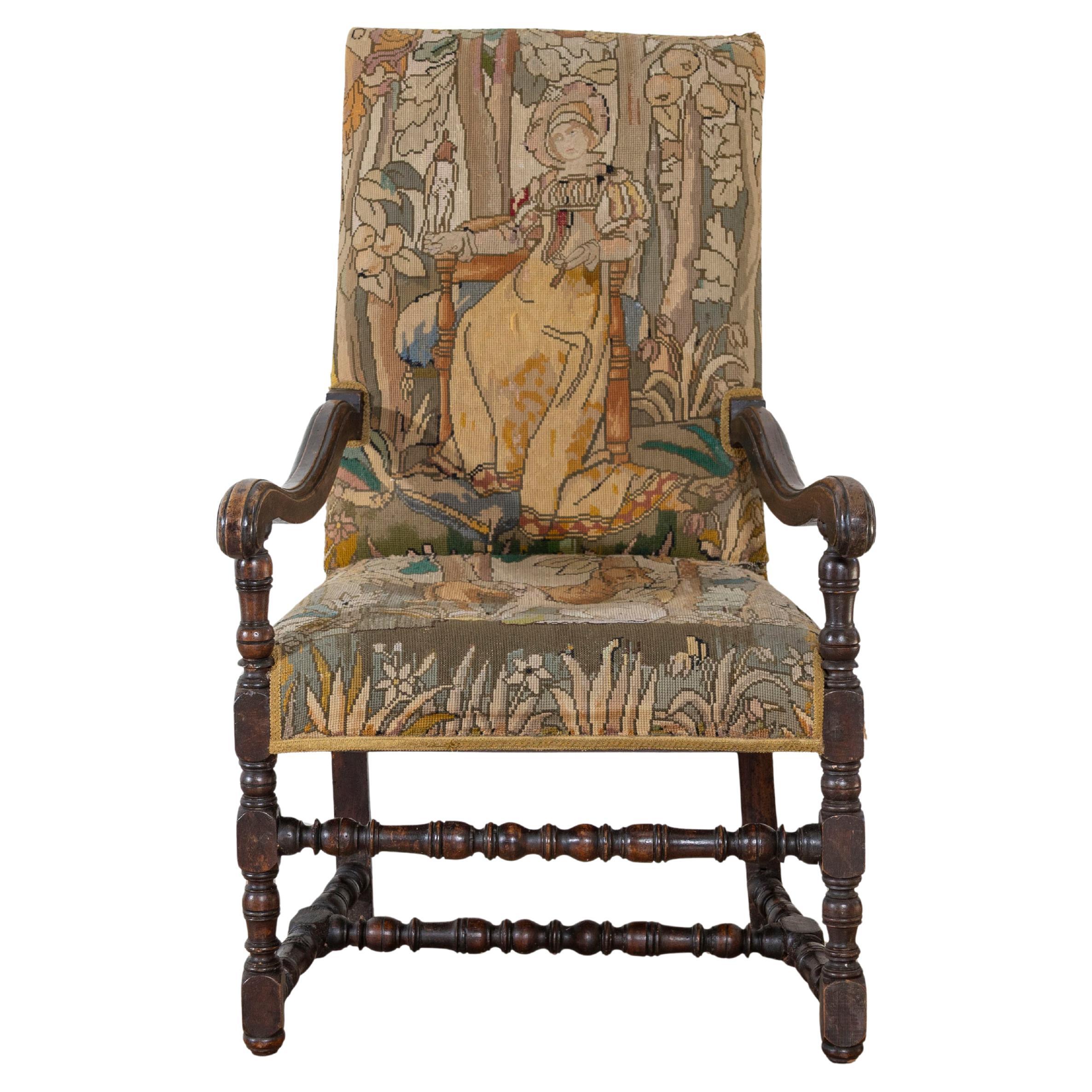 Französischer Barocksessel aus Nussbaum mit Petit-Point-Wandteppich aus dem 17. Jahrhundert im Angebot