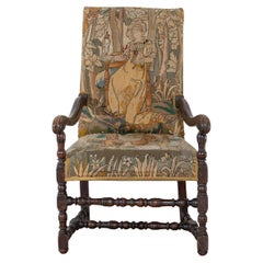 17th-Century French Baroque Walnut Spool Armchair with Petit Point Tapestry