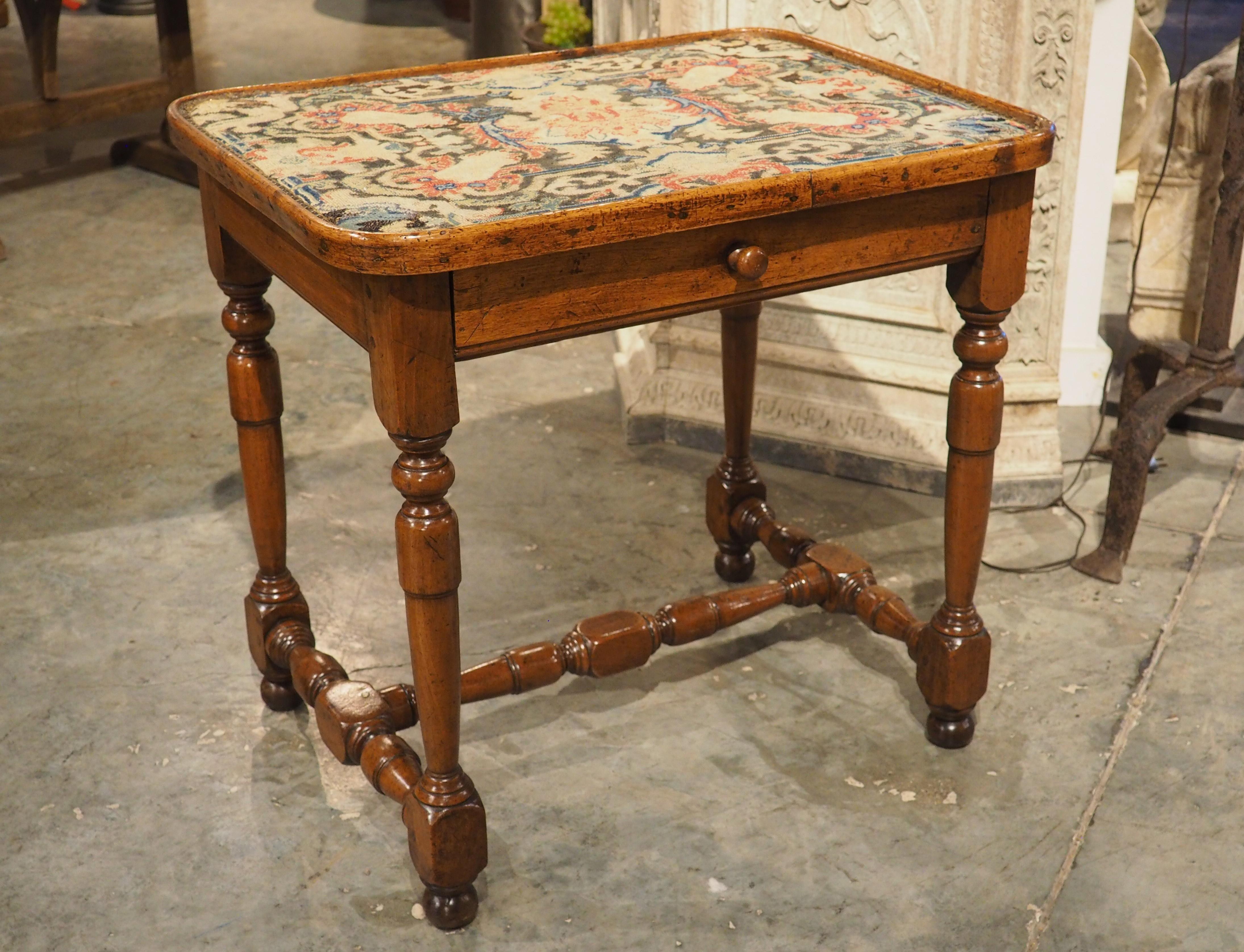 17th Century French Burgundian Walnut Side Table with 19th Century Needlework For Sale 5
