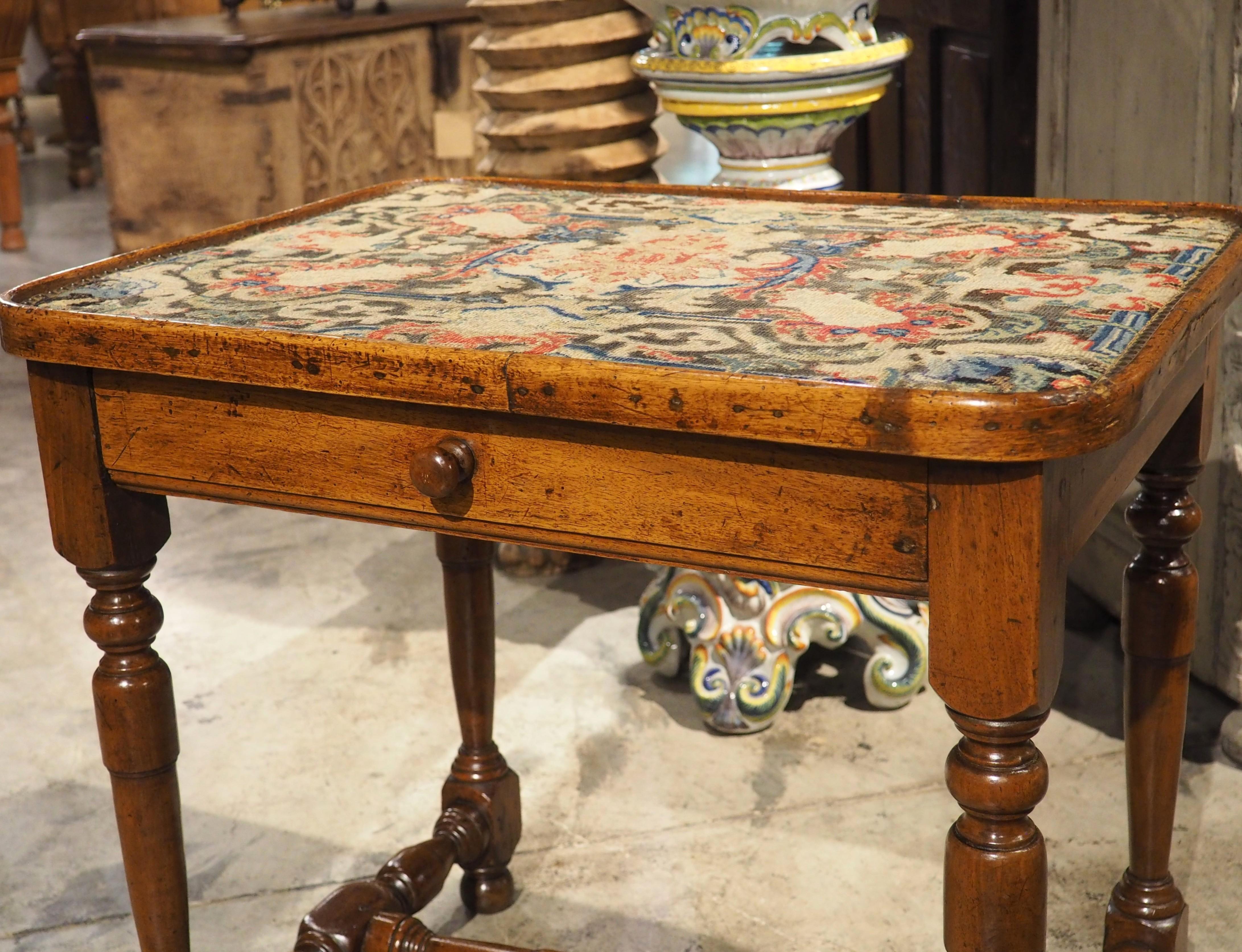 17th Century French Burgundian Walnut Side Table with 19th Century Needlework For Sale 7