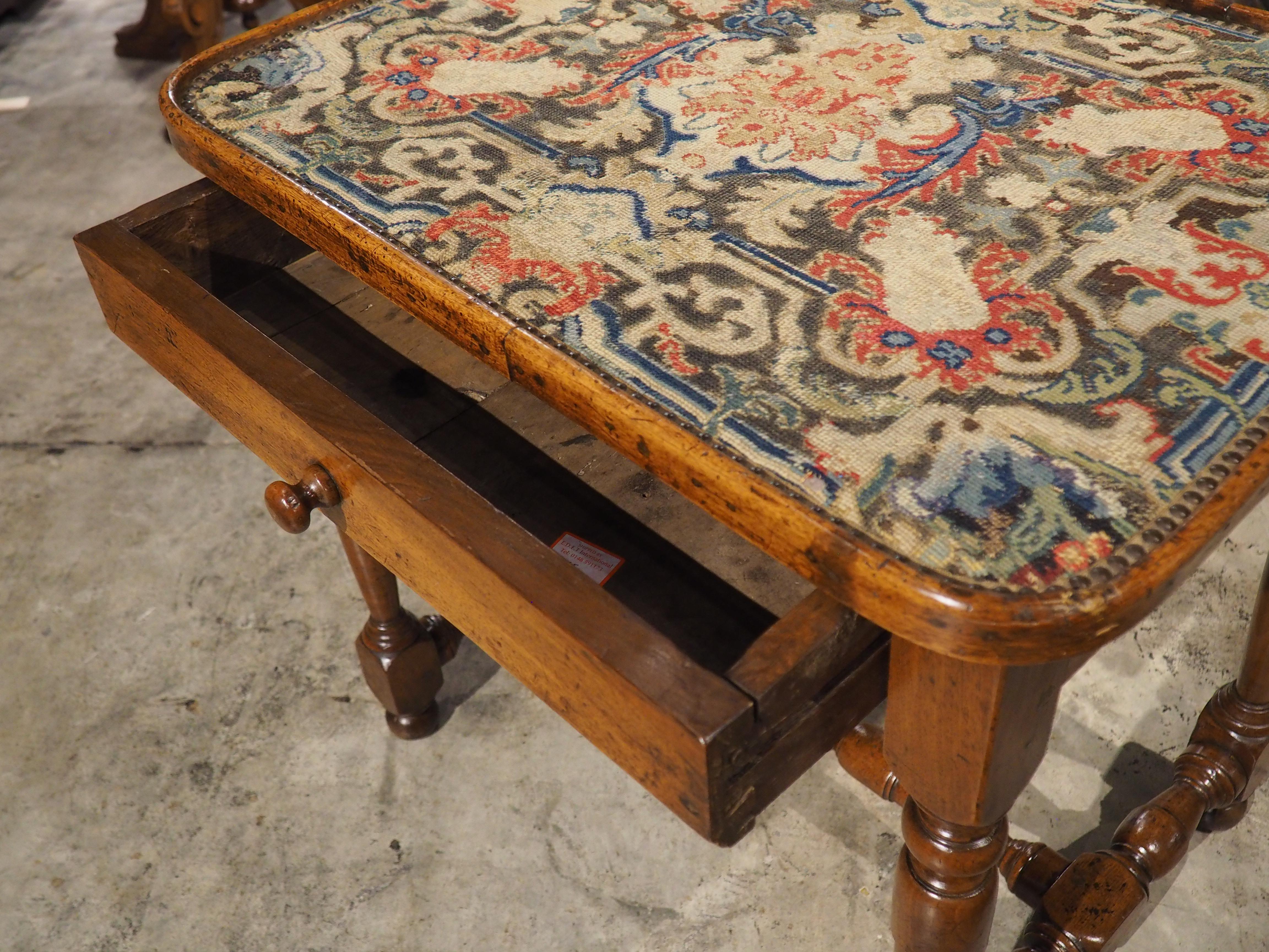 17th Century French Burgundian Walnut Side Table with 19th Century Needlework For Sale 10