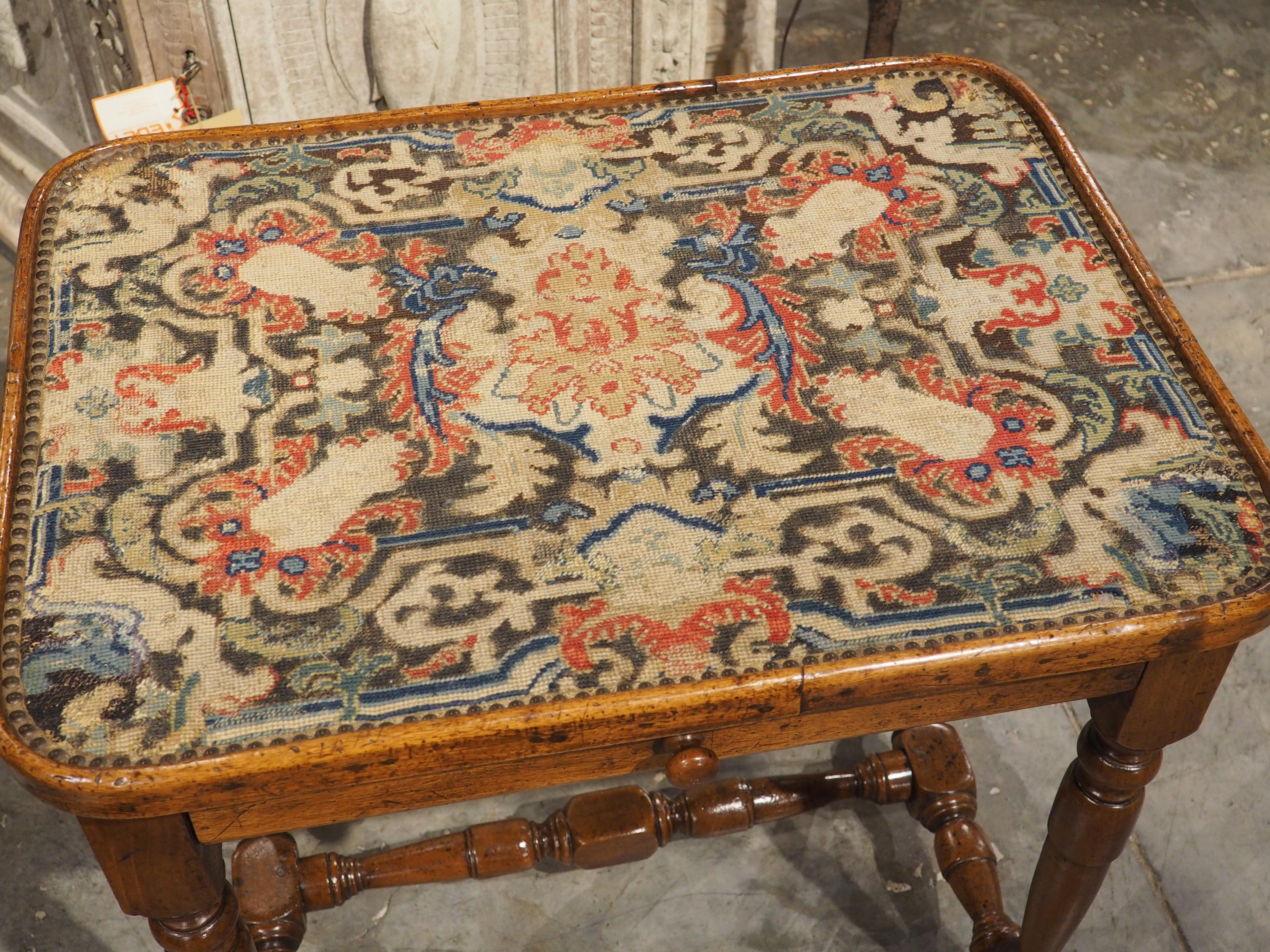 Hand-Carved 17th Century French Burgundian Walnut Side Table with 19th Century Needlework For Sale