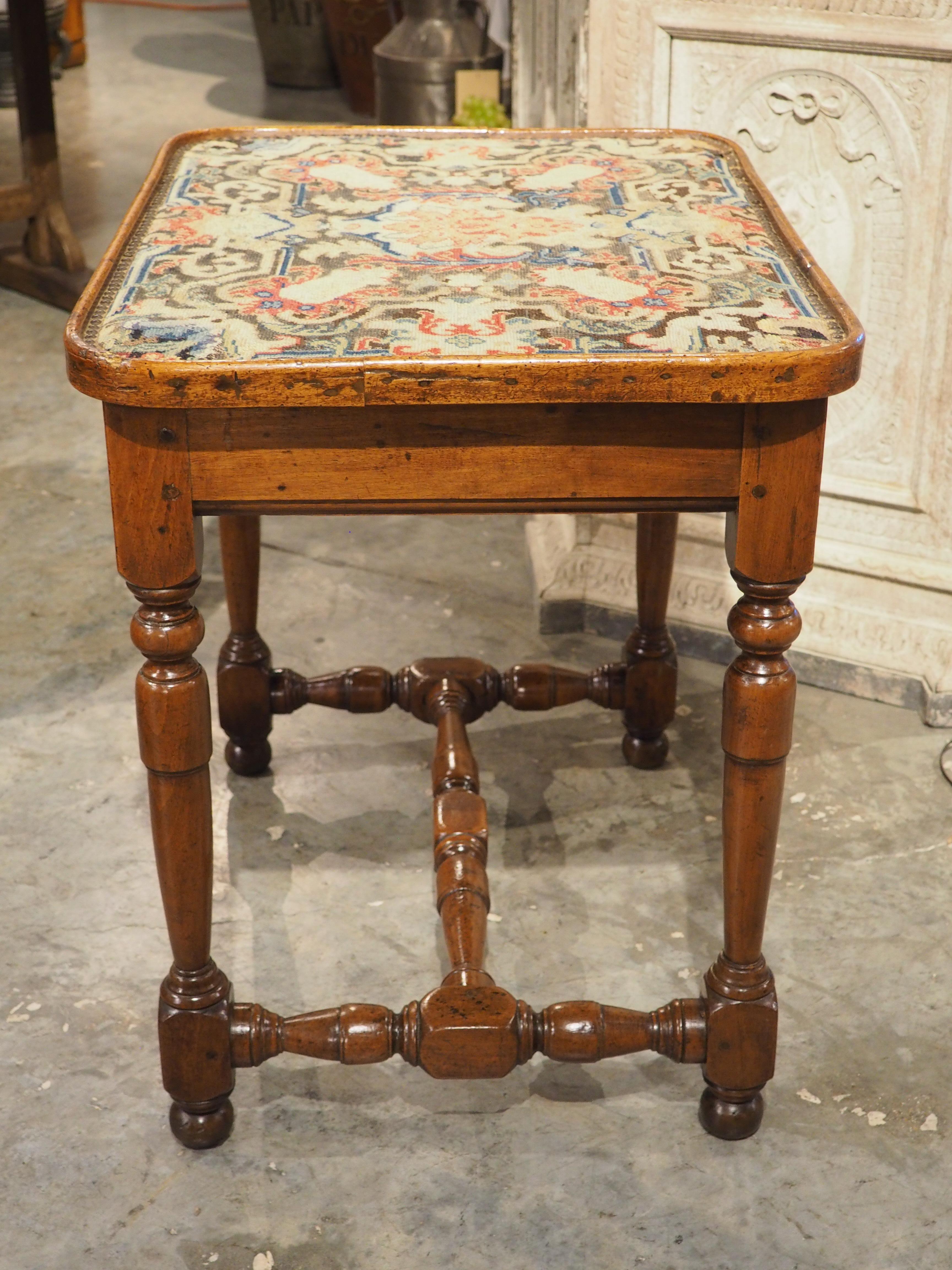 Textile 17th Century French Burgundian Walnut Side Table with 19th Century Needlework For Sale