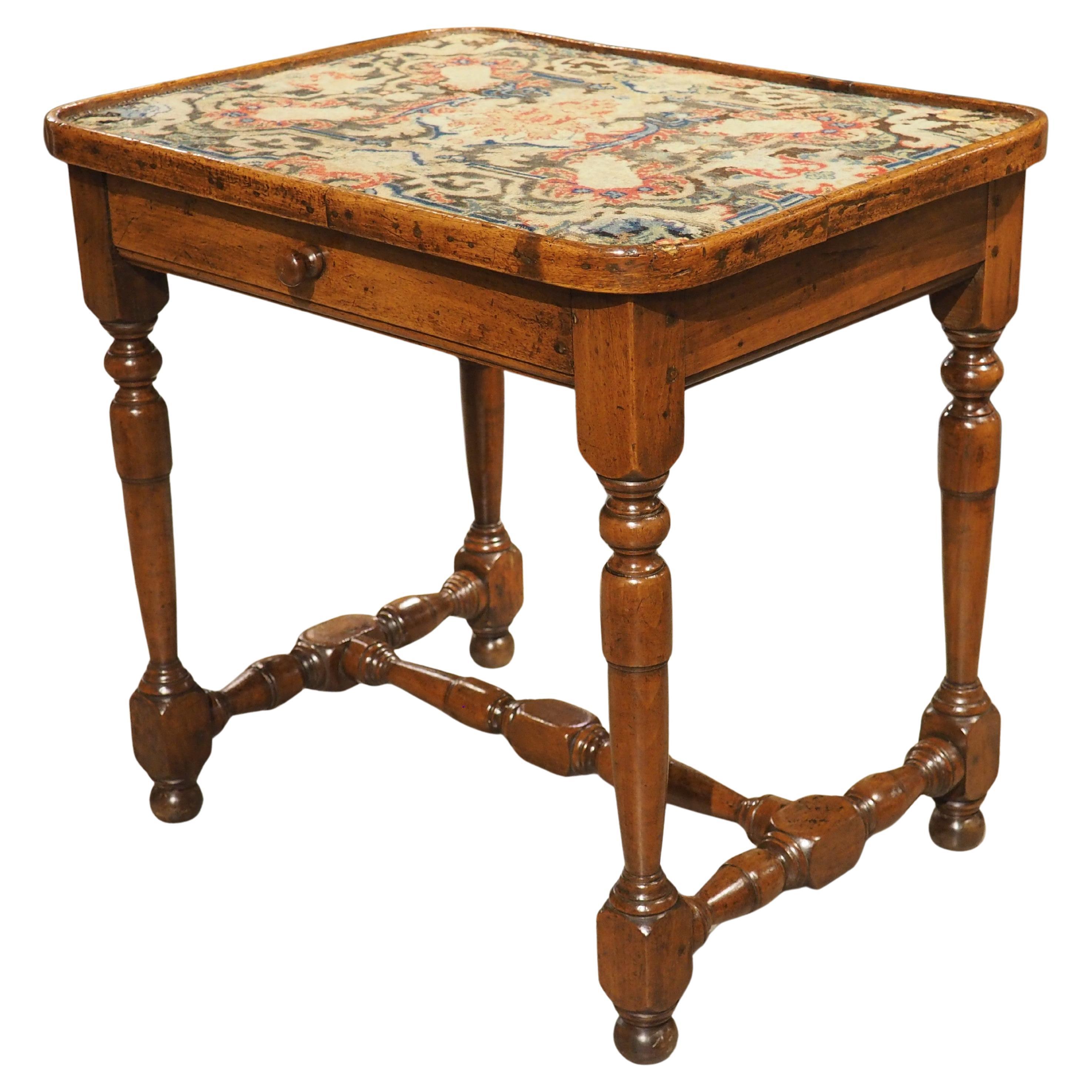 17th Century French Burgundian Walnut Side Table with 19th Century Needlework For Sale
