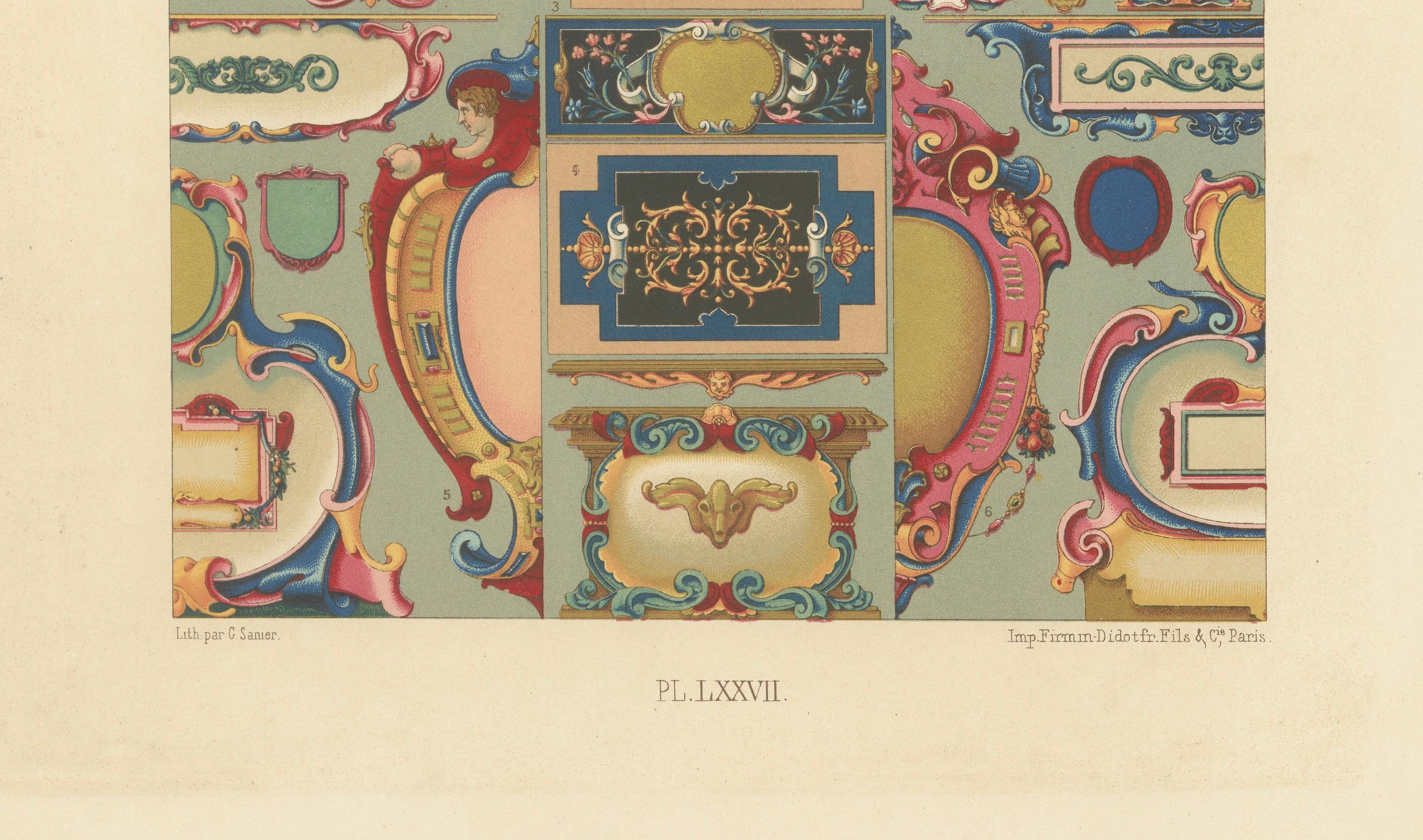 Cartouches français du 17e siècle - Cadres ornementaux baroques, Planche LXXVII

Cette chromolithographie richement colorée, tirée de la série d'arts décoratifs du XIXe siècle *L'Ornement Polychrome*, présente une étonnante collection de cartouches