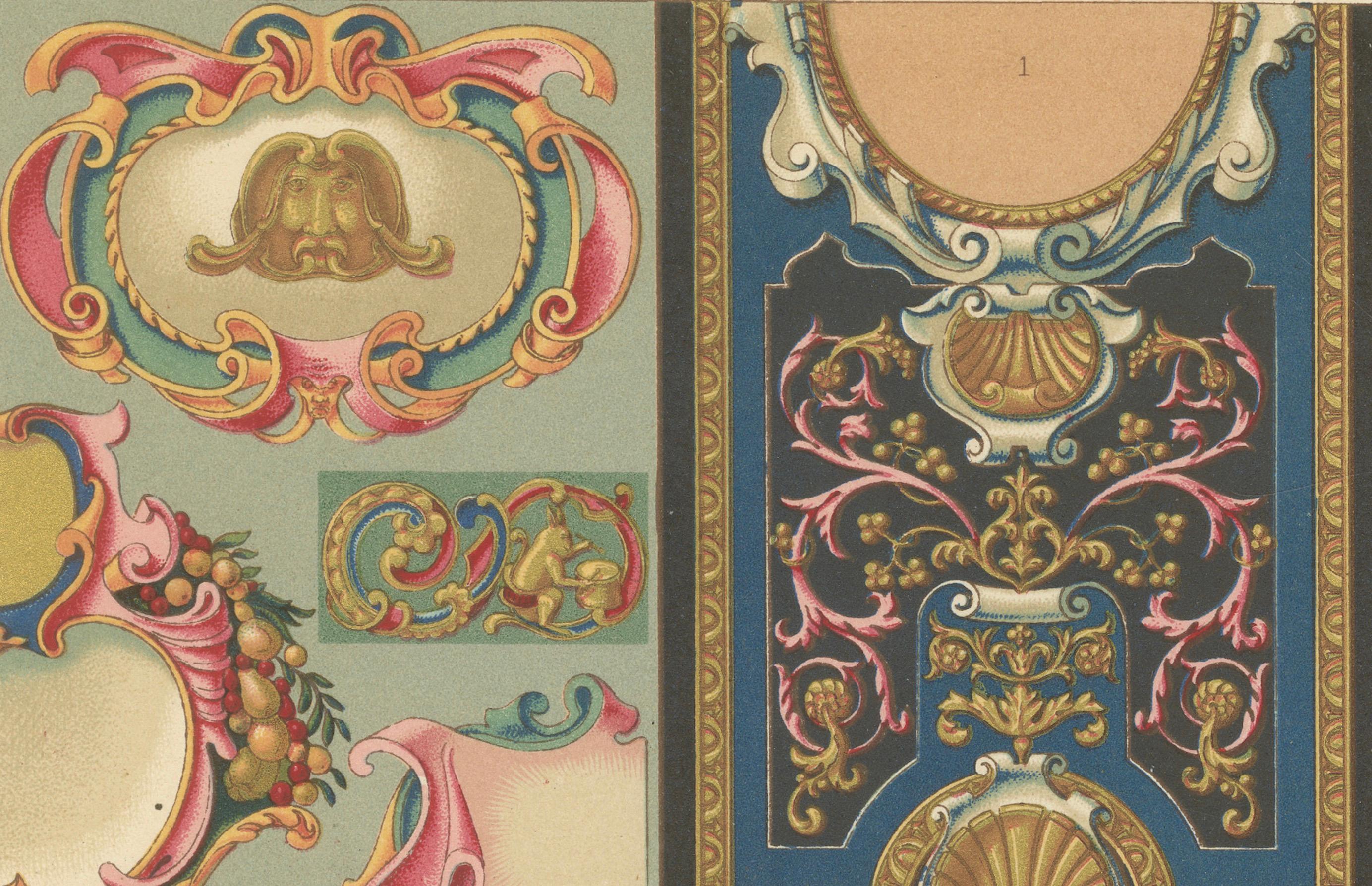 Cartouches français du 17e siècle - Cadres ornementaux baroques, planche LXXVII, 1869 Bon état - En vente à Langweer, NL