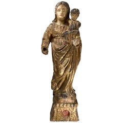 17. Jahrhundert Französisch geschnitzte Polychrome Statue aus vergoldetem Holz:: Jungfrau und Kind