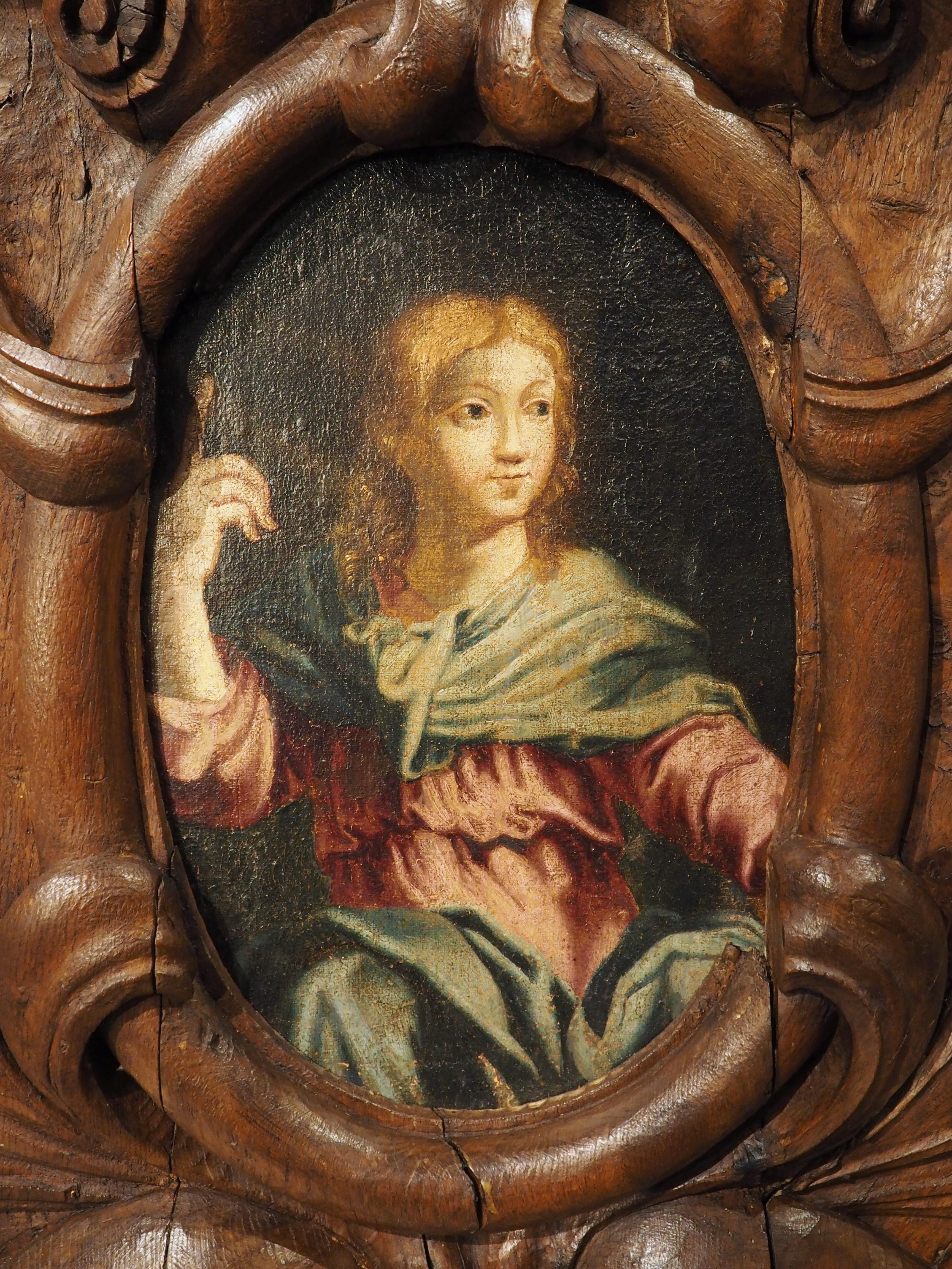 17th Century French Carved Oak Cartouche Panel with Portrait Painting For Sale 4