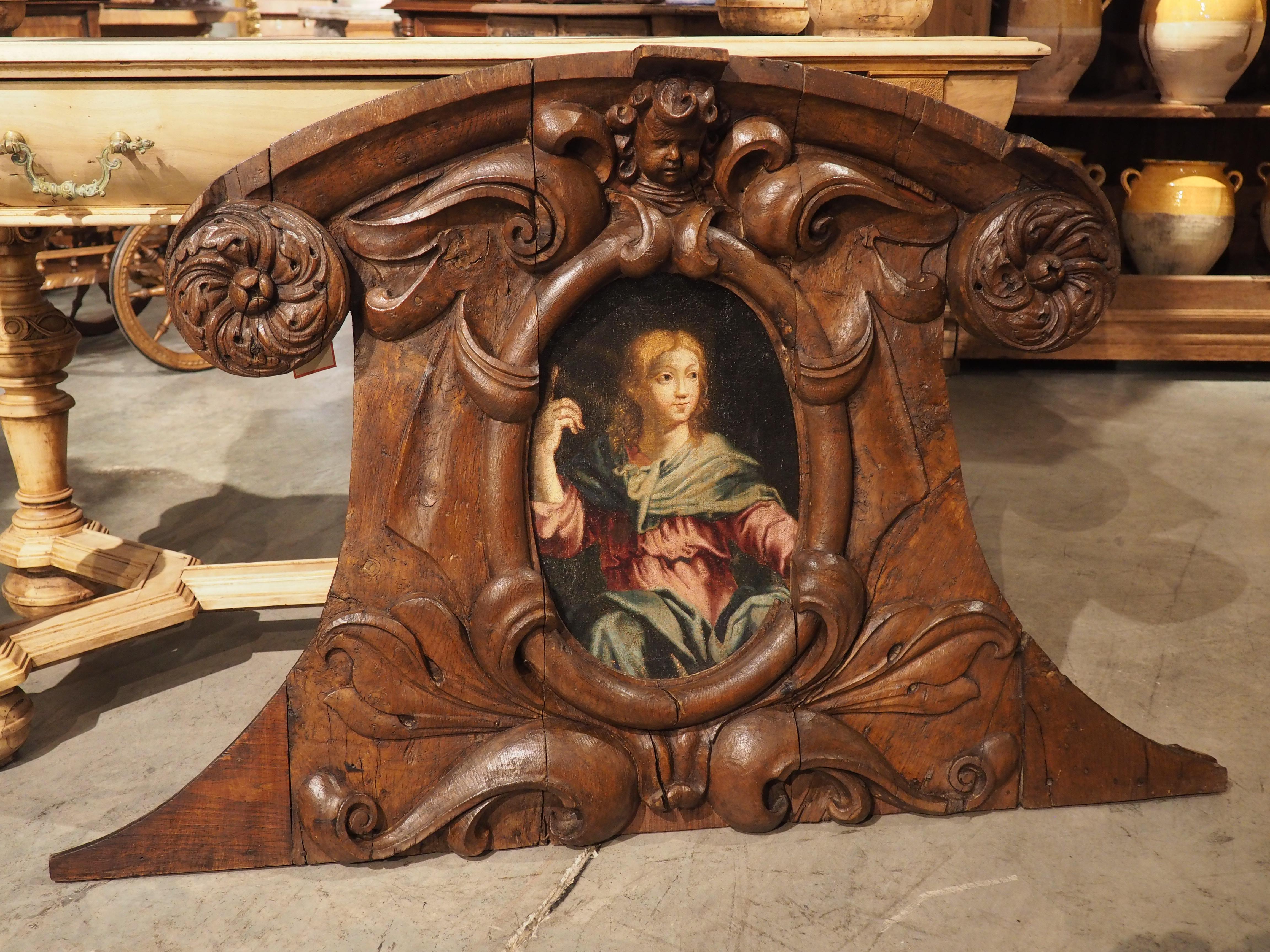 17th Century French Carved Oak Cartouche Panel with Portrait Painting For Sale 9