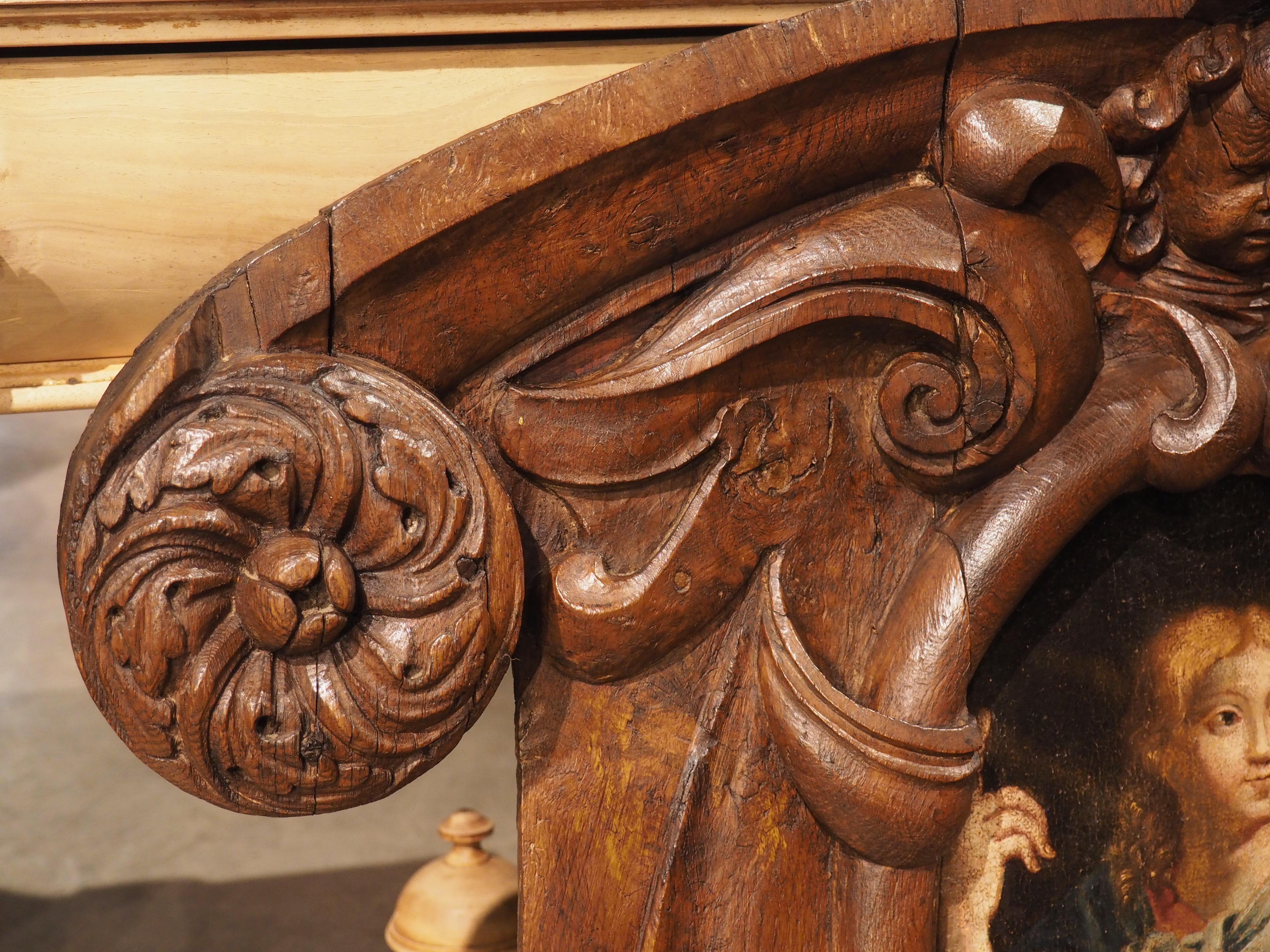 Hand-Carved 17th Century French Carved Oak Cartouche Panel with Portrait Painting For Sale