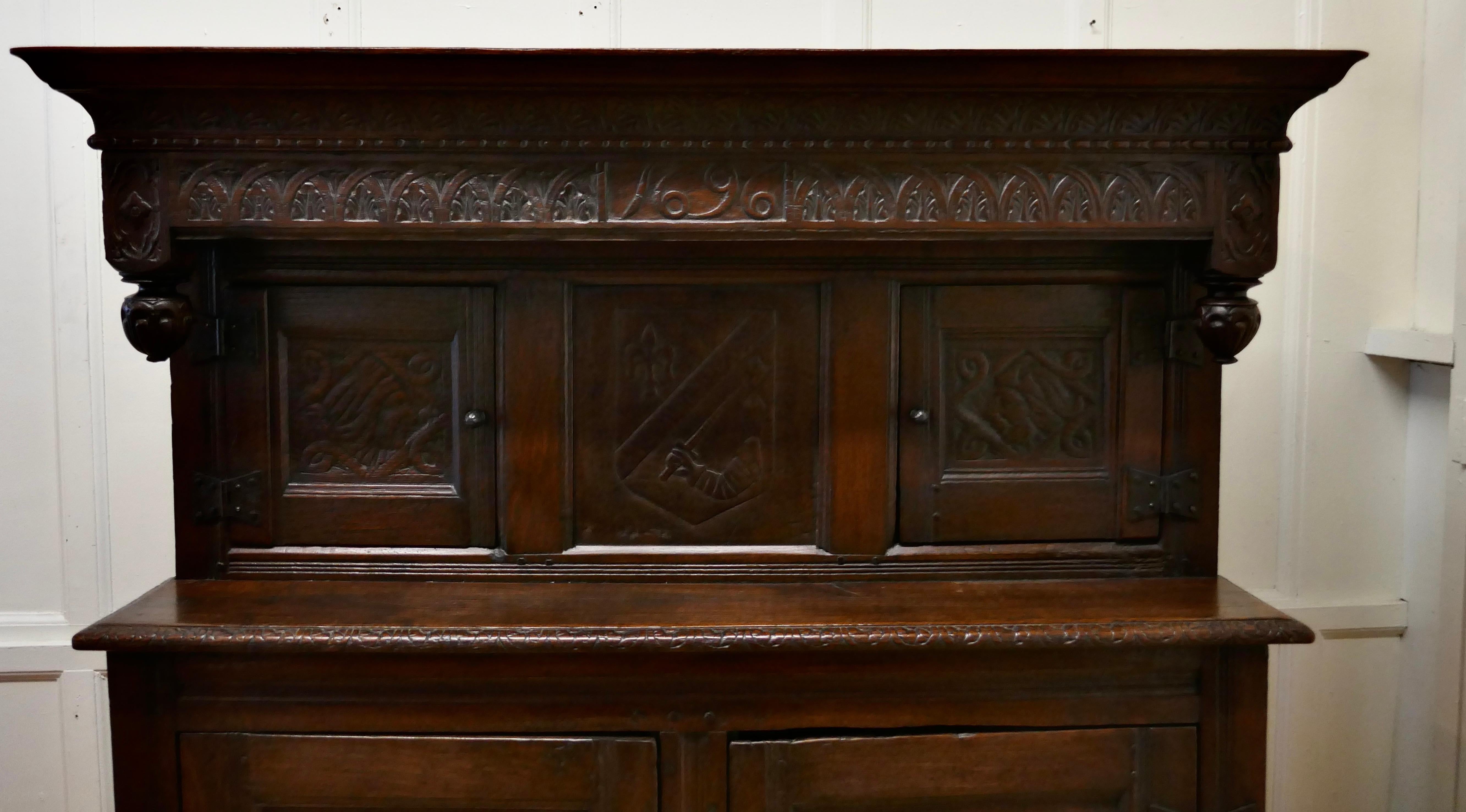 Louis XIV 17th Century French Carved Oak Court Cupboard, Cottage Livery Cupboard