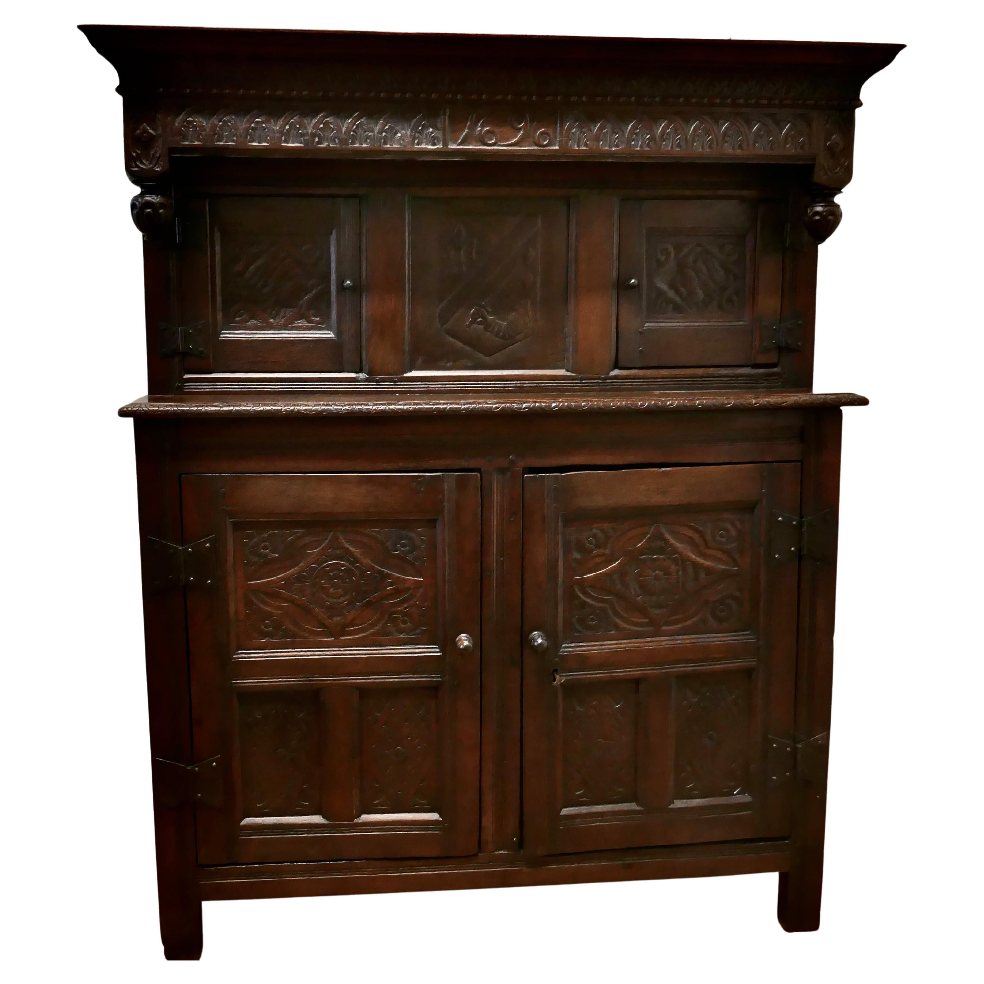 17th Century French Carved Oak Court Cupboard, Cottage Livery Cupboard