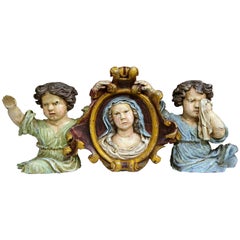 17th Century French Carved Painted Virgin Mary and Cherubs Sculpture