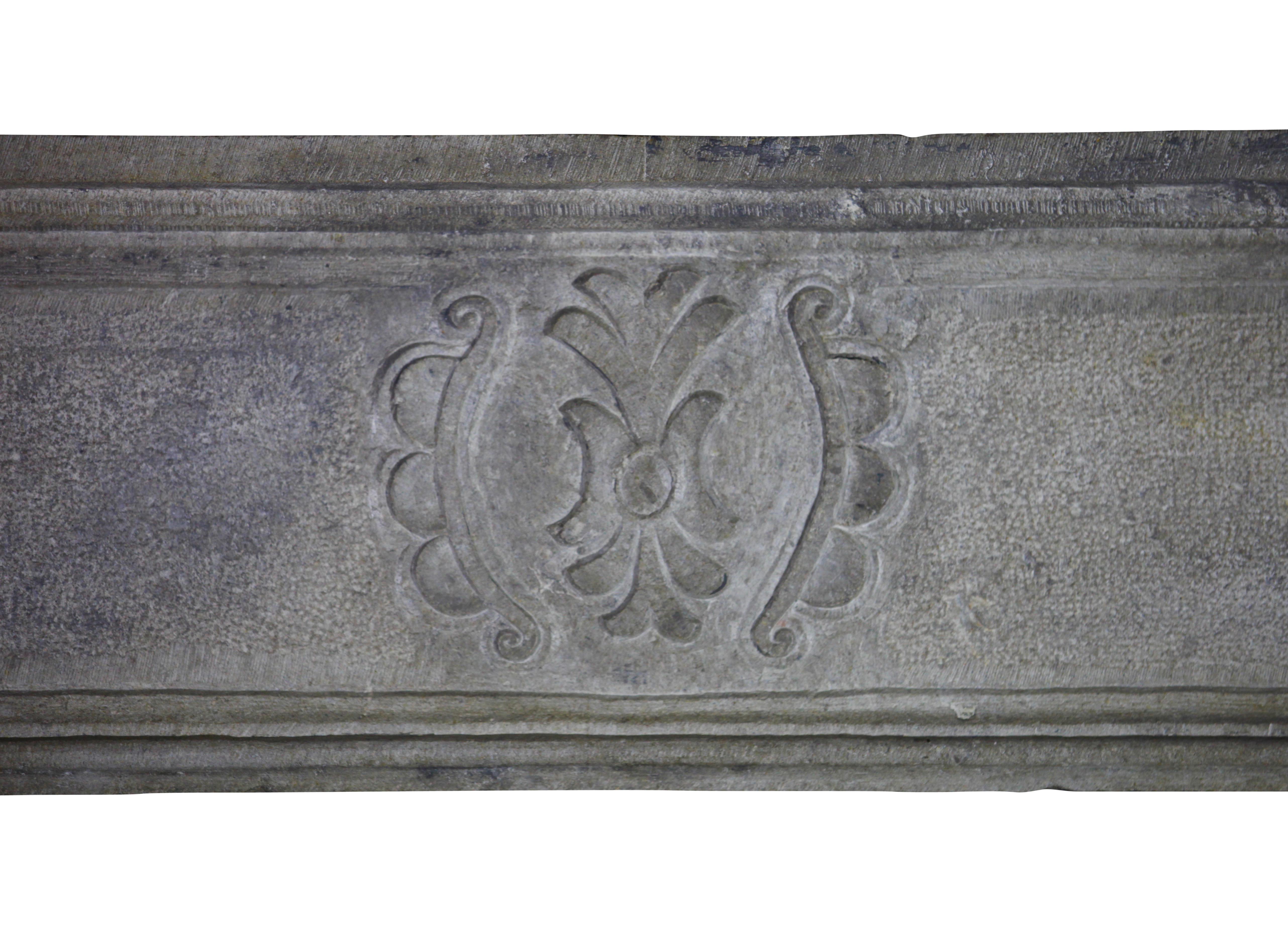 This French Campagnard grey marble hard stone fireplace surround is from the early 17 century. The proportions are exquisite. Large front and slow moving jambs. It is unique to see the shine and reflection of the stone as well as the carving