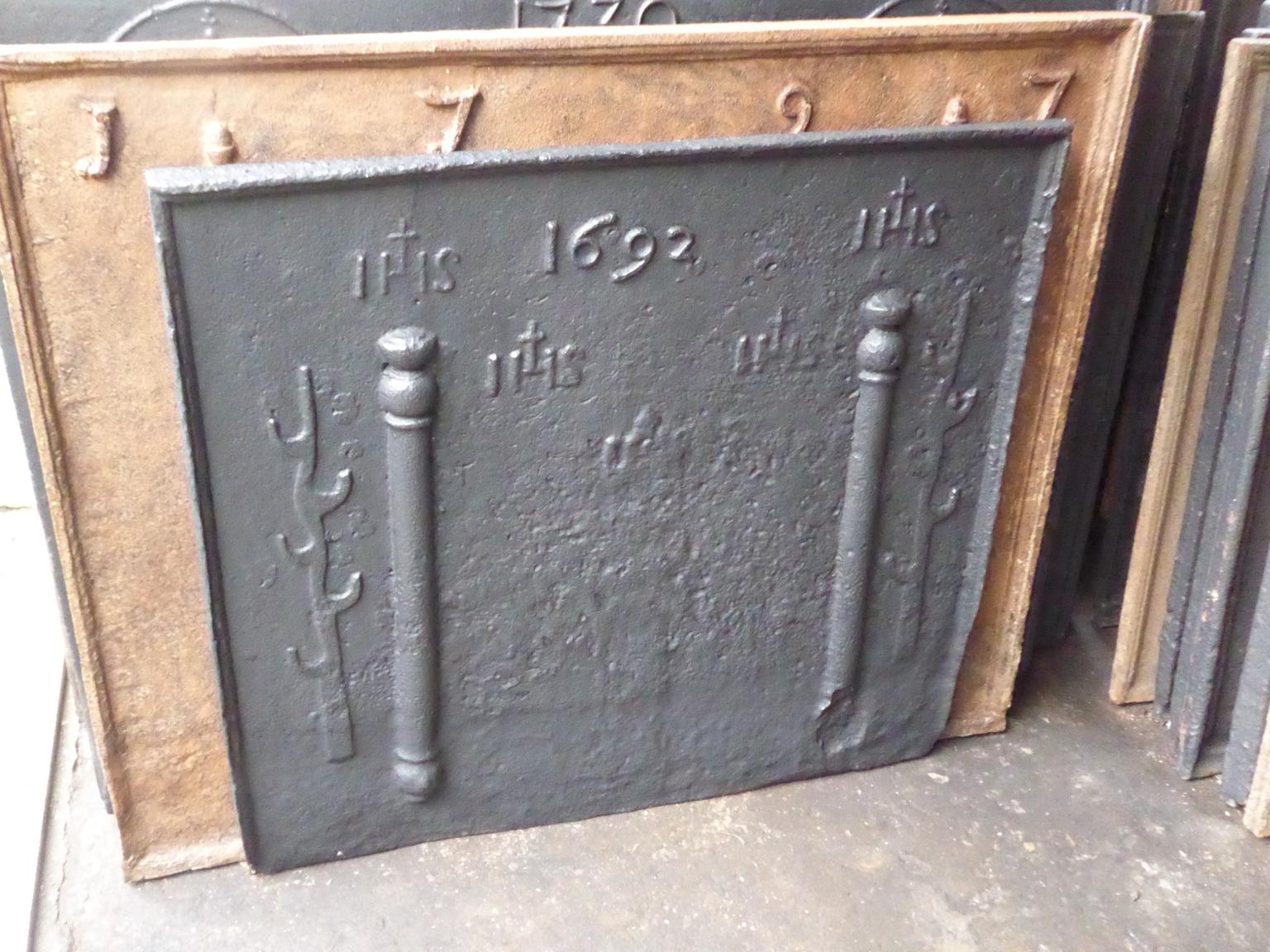Louis XIV 17th Century French Fireback Pillars with Medieval IHS Monograms