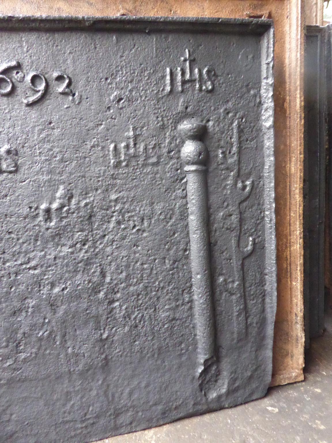 Iron 17th Century French Fireback Pillars with Medieval IHS Monograms