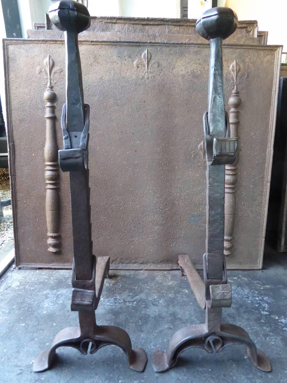 Forged 17th Century French Gothic Andirons or Firedogs For Sale