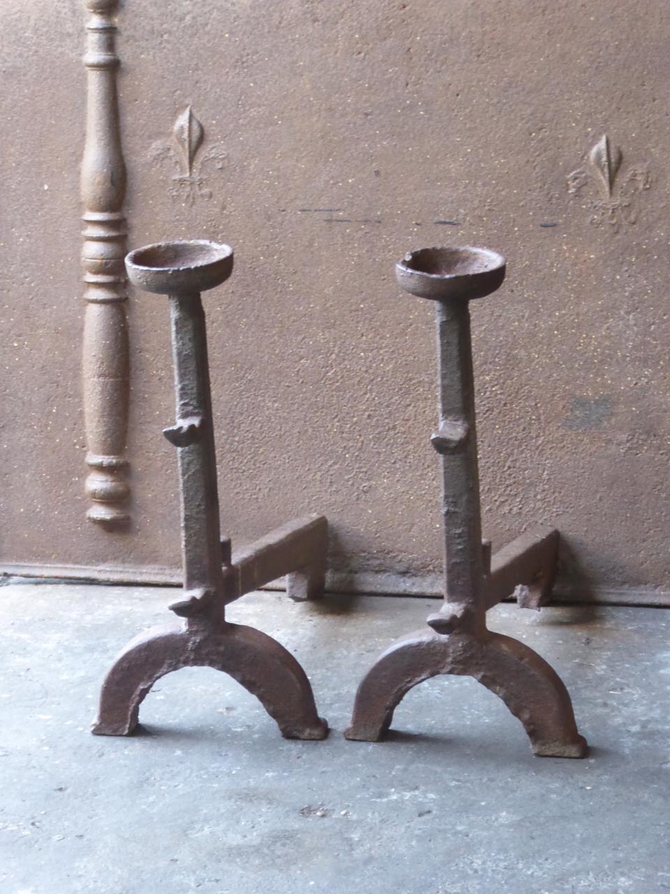 Cast 17th Century French Gothic Andirons or Firedogs For Sale