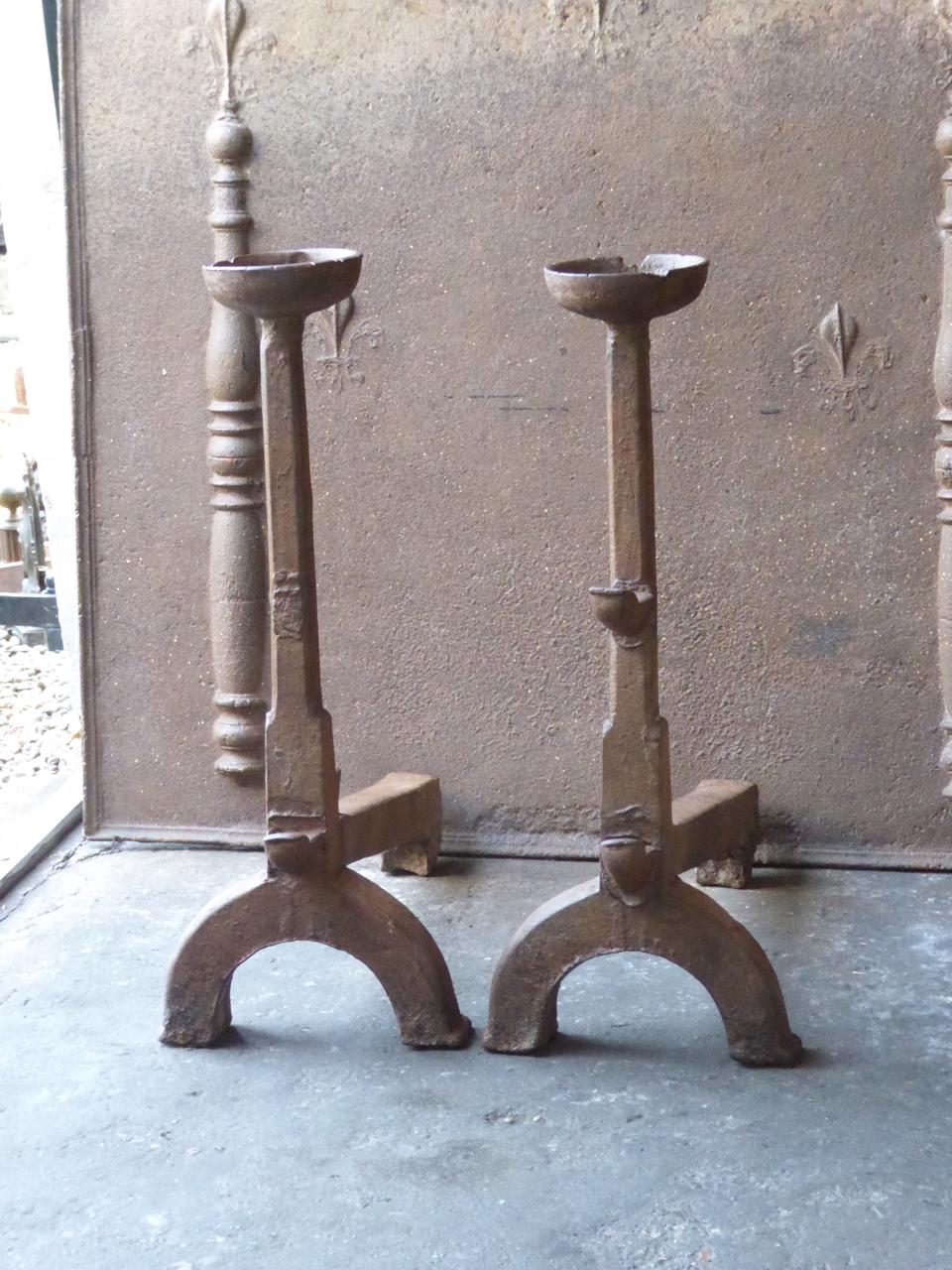 Cast Large, heavy French Gothic Andirons or Firedogs, 17th Century  For Sale