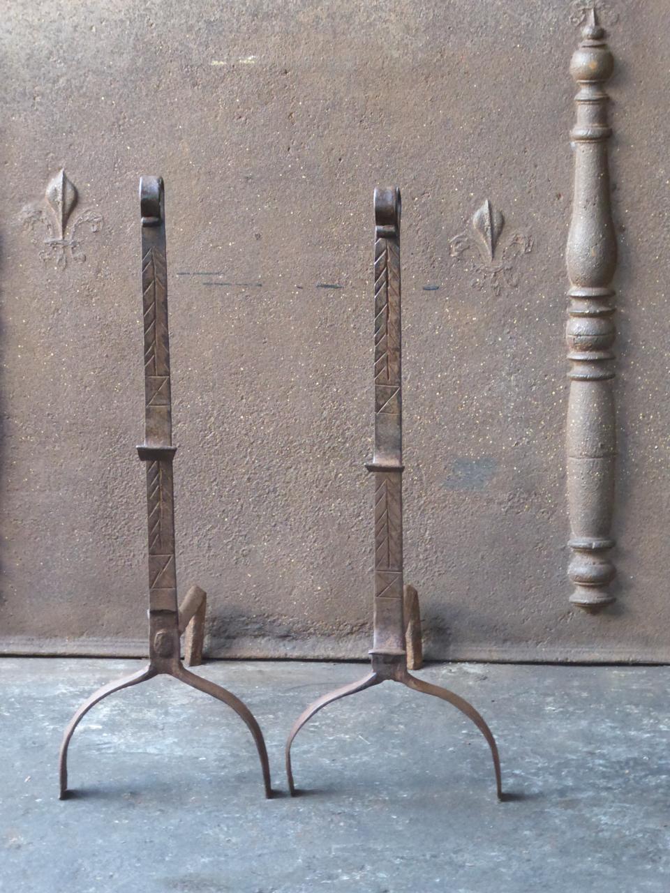 Forged 17th Century French Gothic Andirons or Firedogs