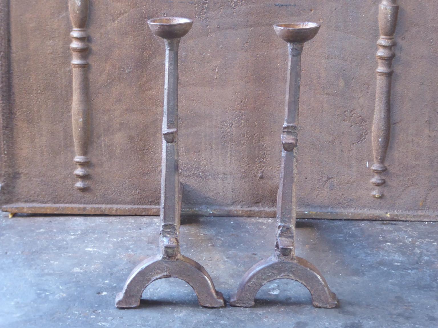 Cast 17th Century French Gothic Andirons or Firedogs