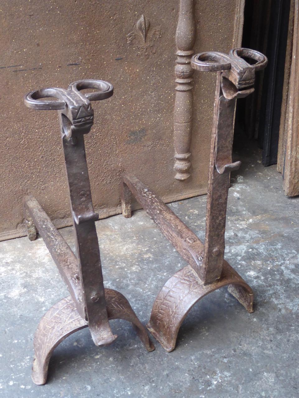 18th Century and Earlier Large 17th Century French Gothic Andirons or Firedogs For Sale