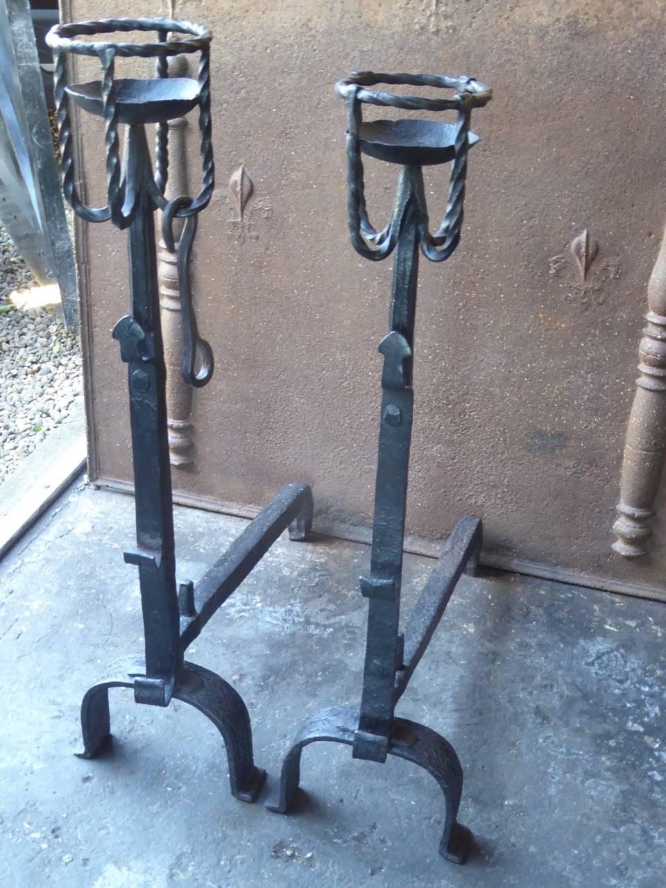Wrought Iron 17th Century French Gothic Andirons or Firedogs
