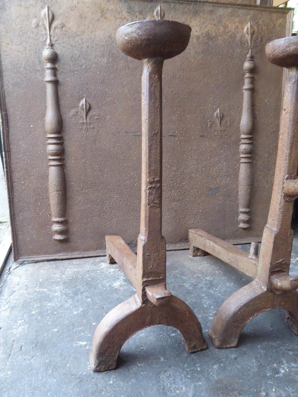 18th Century and Earlier Large, heavy French Gothic Andirons or Firedogs, 17th Century  For Sale