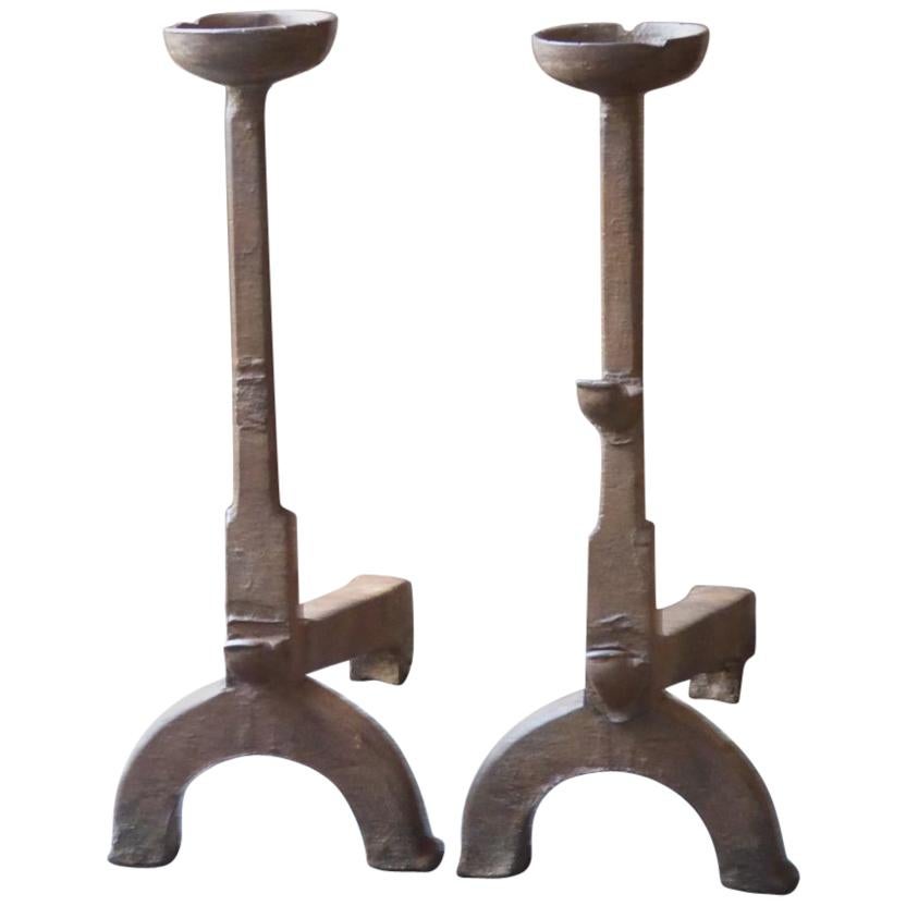Large, heavy French Gothic Andirons or Firedogs, 17th Century  For Sale