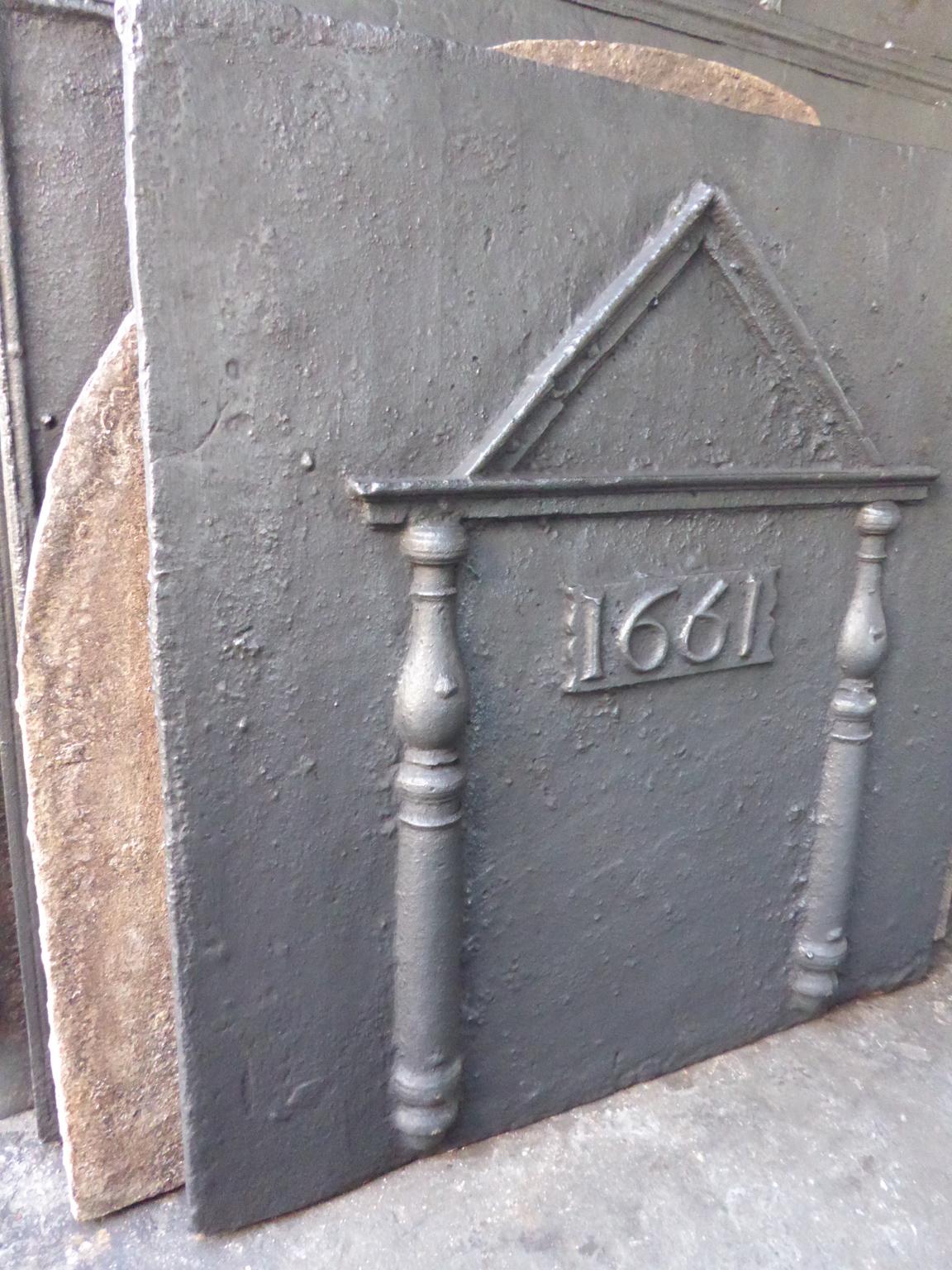 18th Century and Earlier Heavy French 'Pillars and Pediment' Fireback, Dated 1661