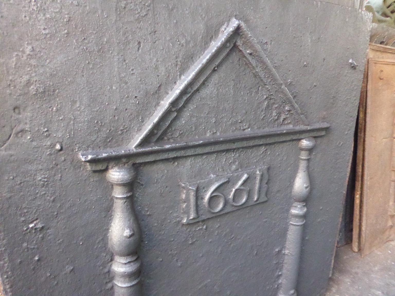 Iron Heavy French 'Pillars and Pediment' Fireback, Dated 1661