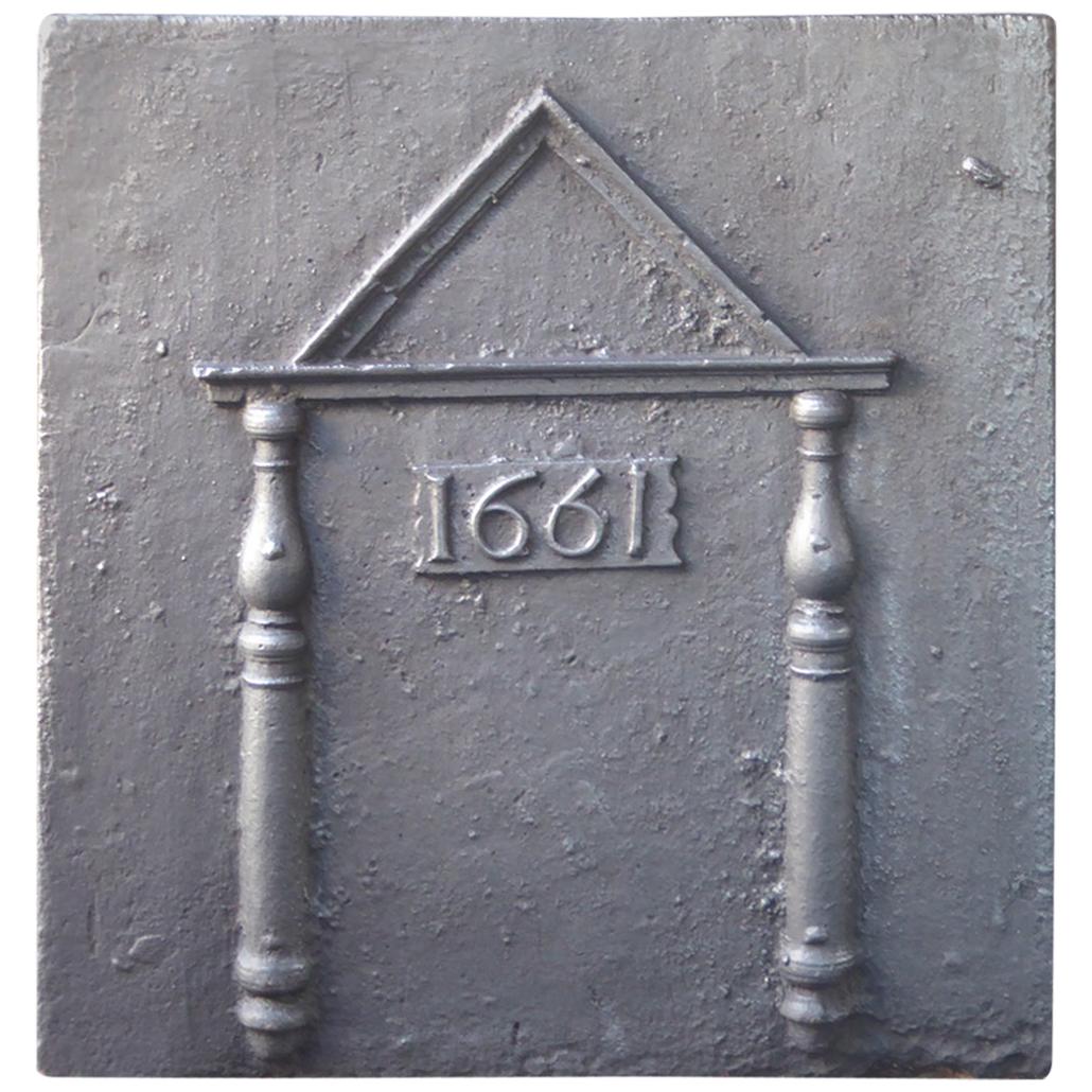 Heavy French 'Pillars and Pediment' Fireback, Dated 1661