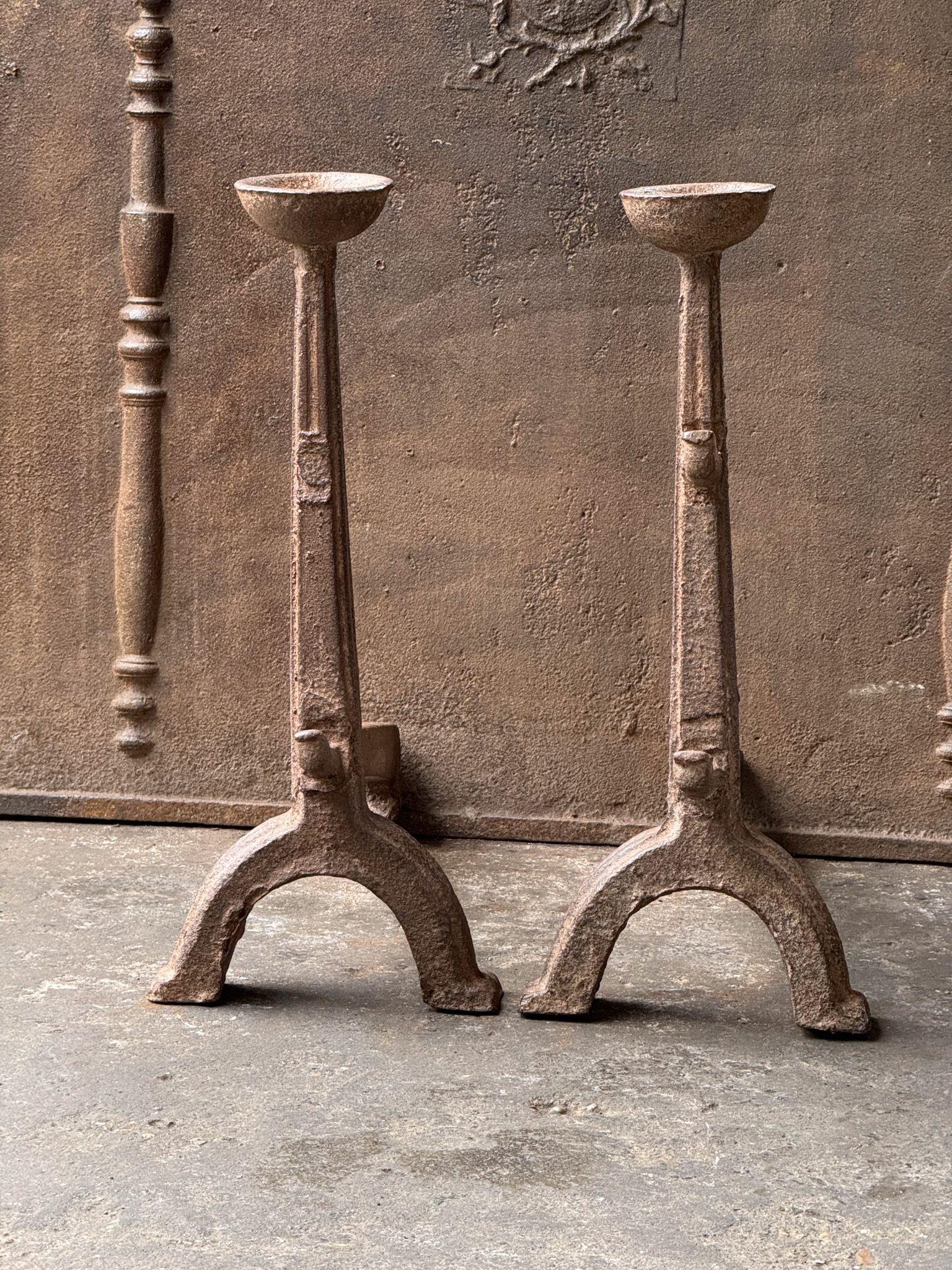 Cast 17th Century French Gothic Period Andirons or Firedogs For Sale