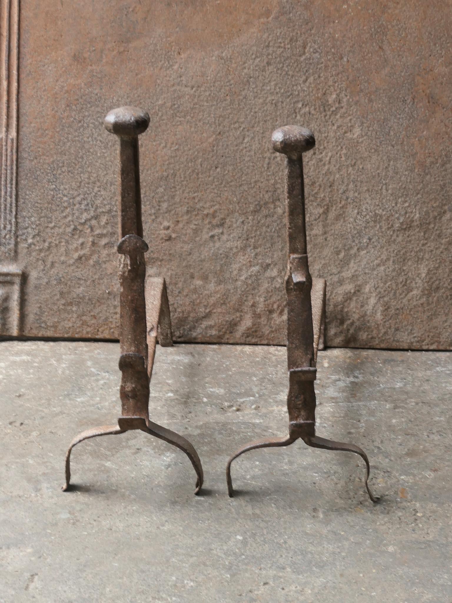 Forged 17th Century French Gothic Period Andirons or Firedogs For Sale