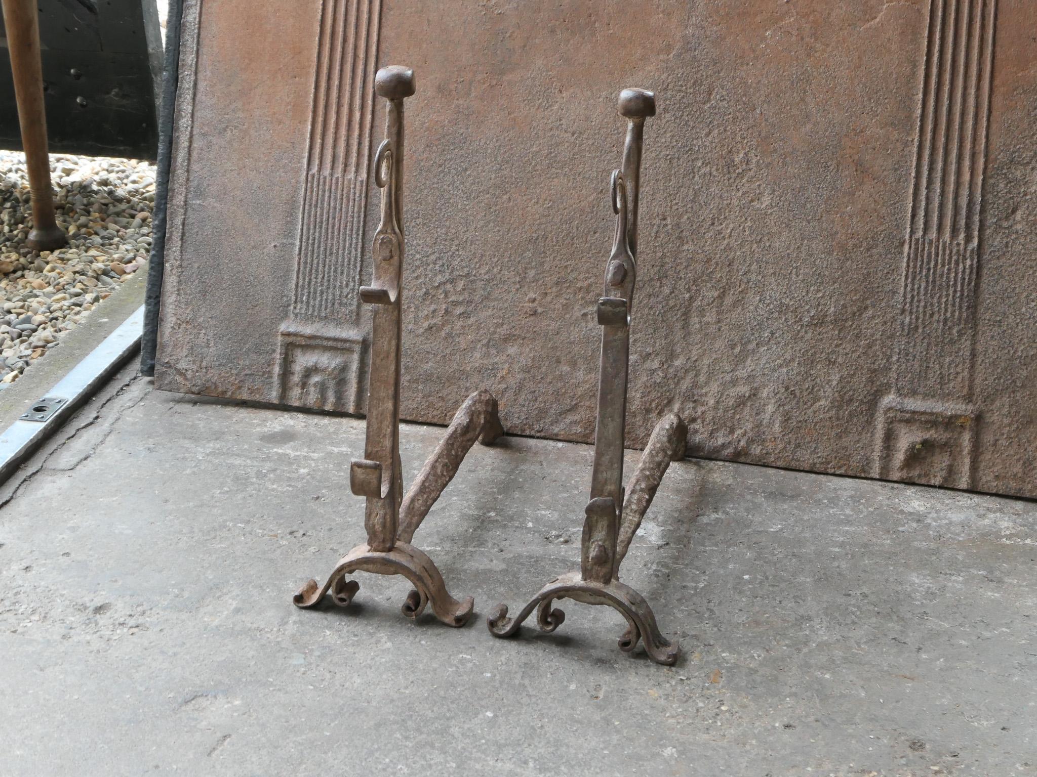 Forged 17th Century French Gothic Period Andirons or Firedogs For Sale