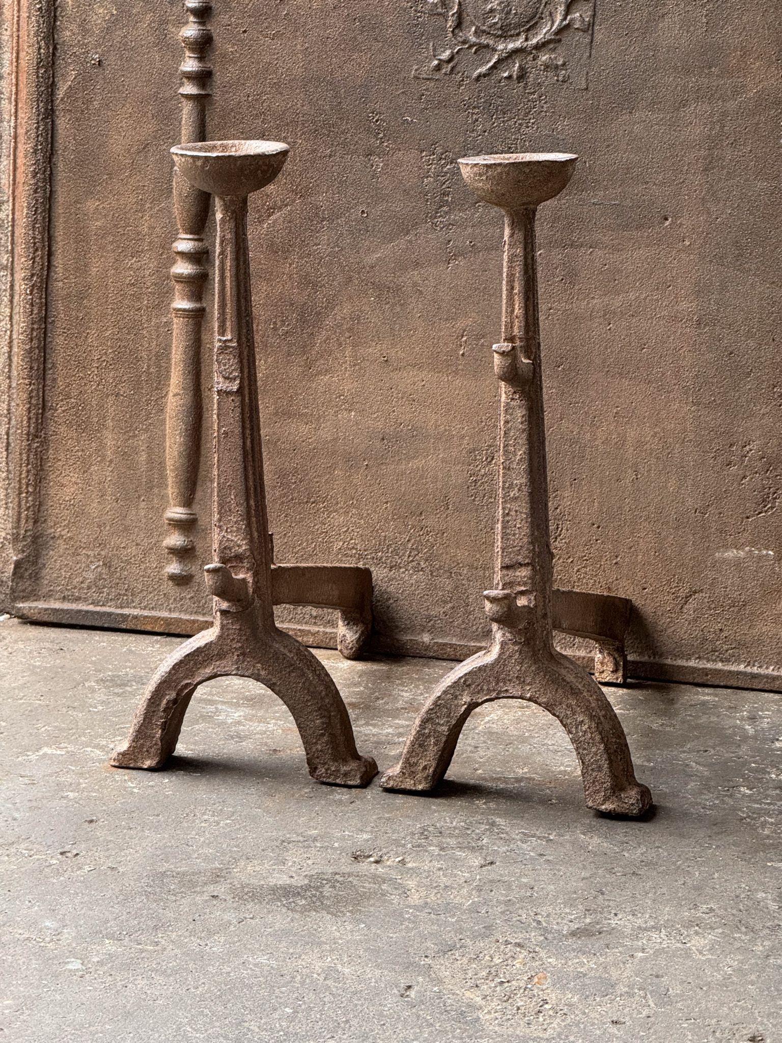 Iron 17th Century French Gothic Period Andirons or Firedogs For Sale
