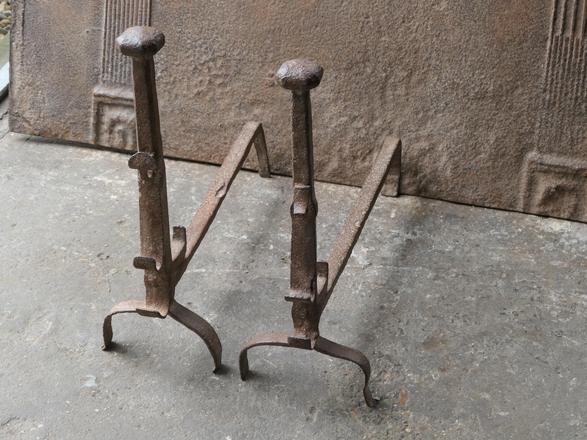Wrought Iron 17th Century French Gothic Period Andirons or Firedogs For Sale