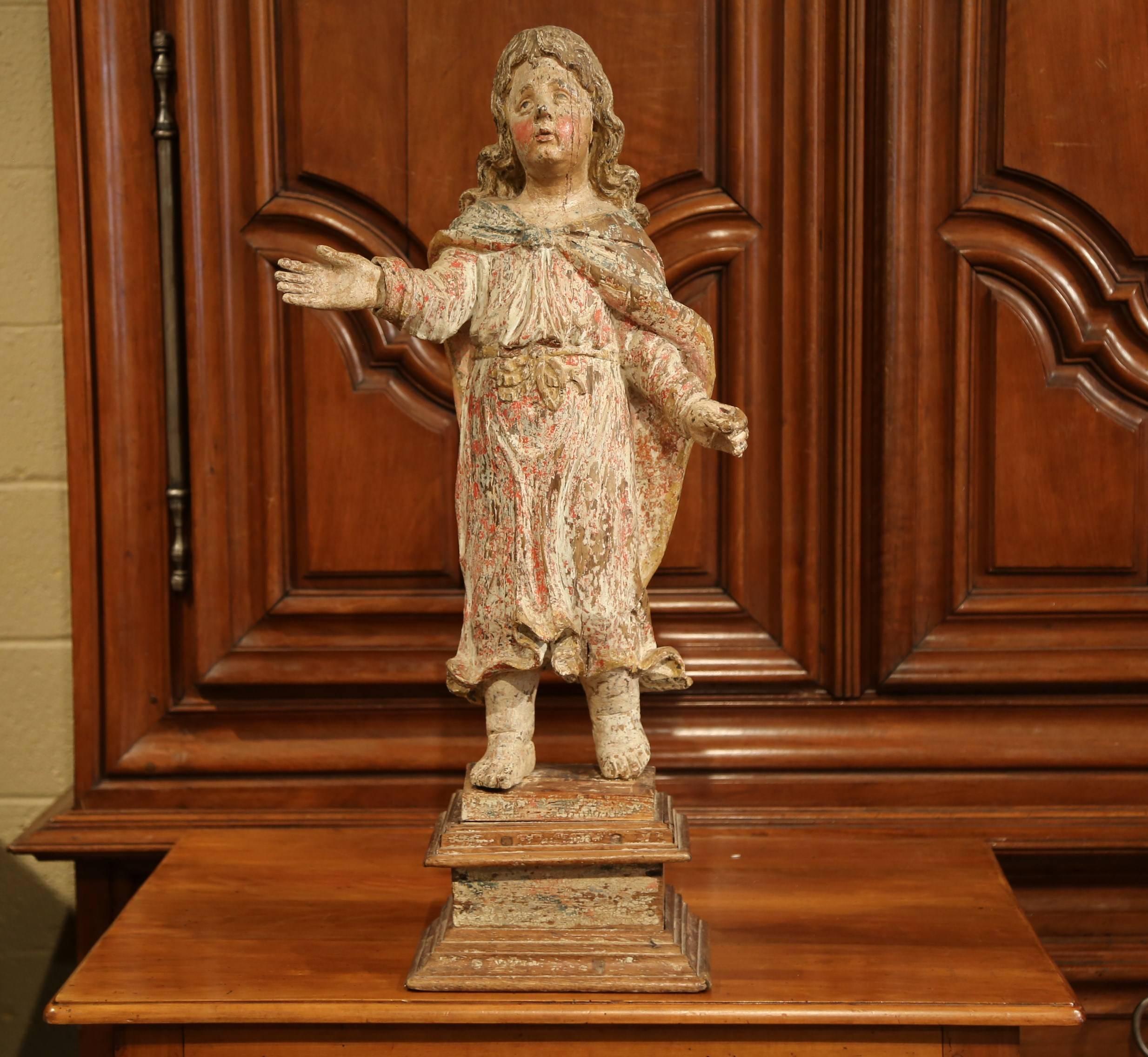 Hand-Painted 17th Century French Hand Carved Polychrome and Painted Cherub Statue Sculpture